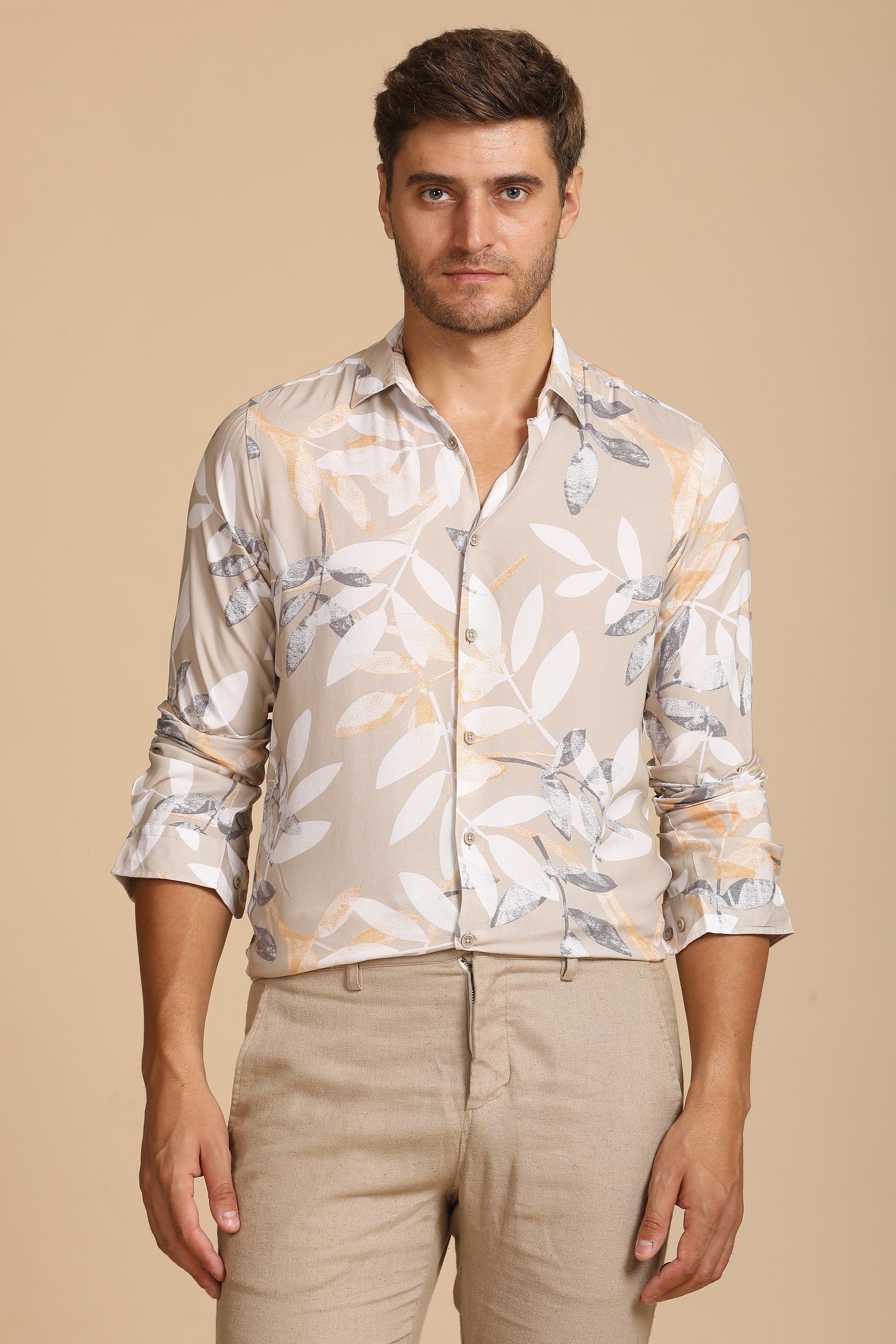 Men Tropical Viscose Printed Shirt Beige