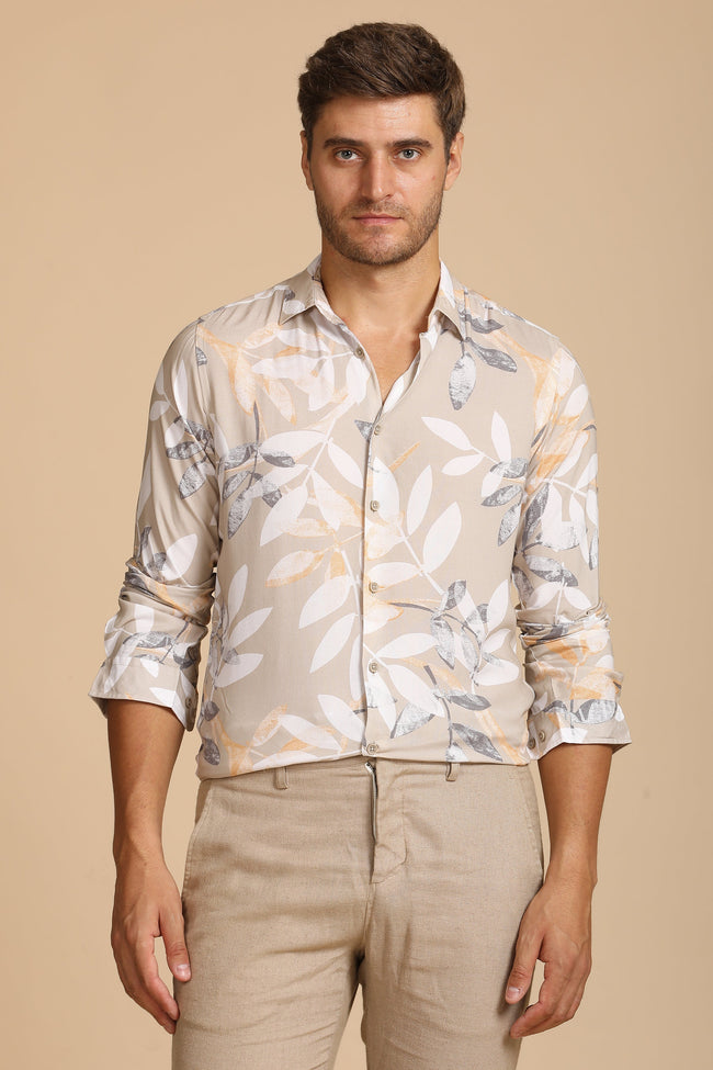 Men Tropical Viscose Printed Shirt Beige