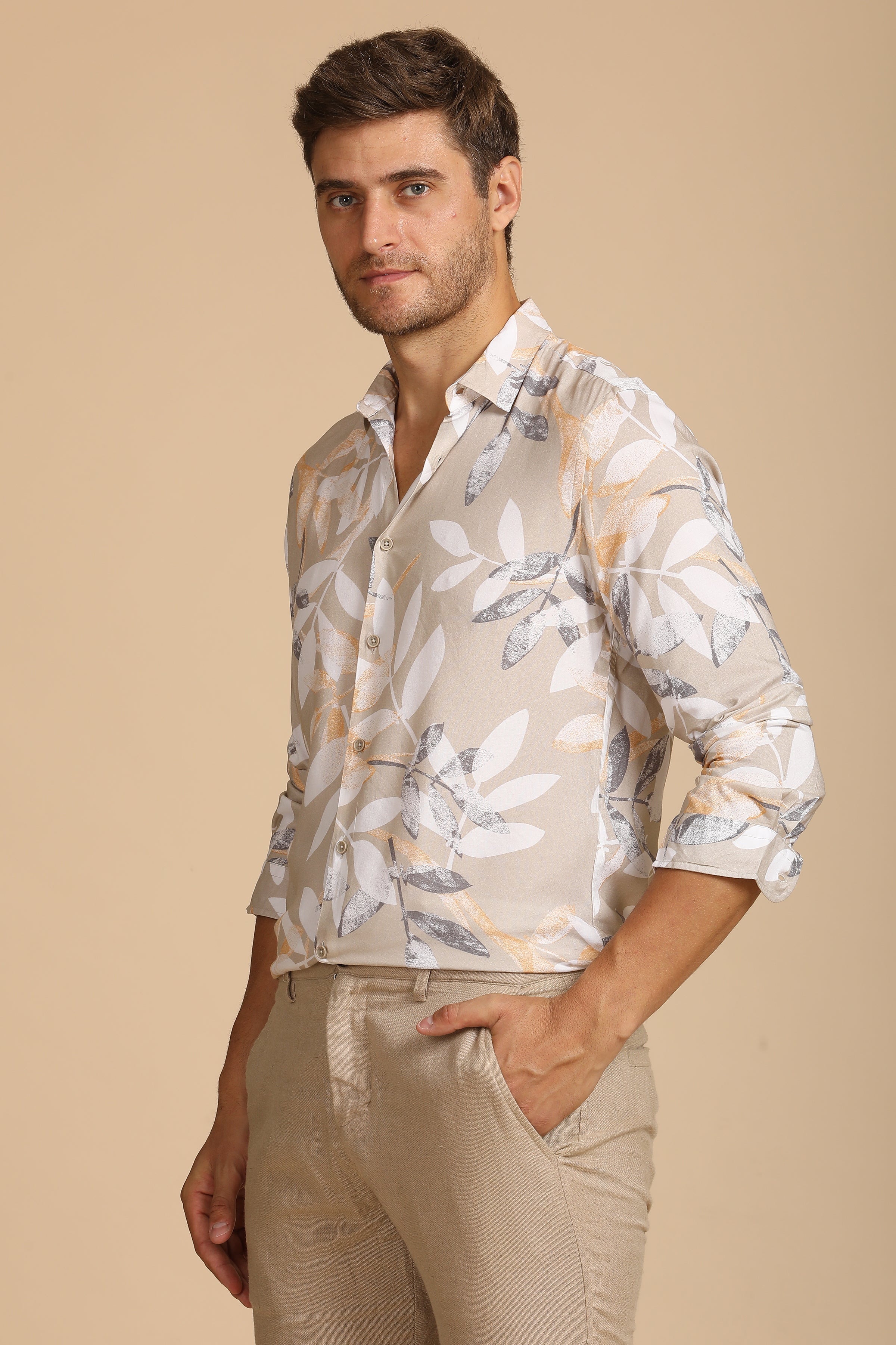 Men Tropical Viscose Printed Shirt Beige