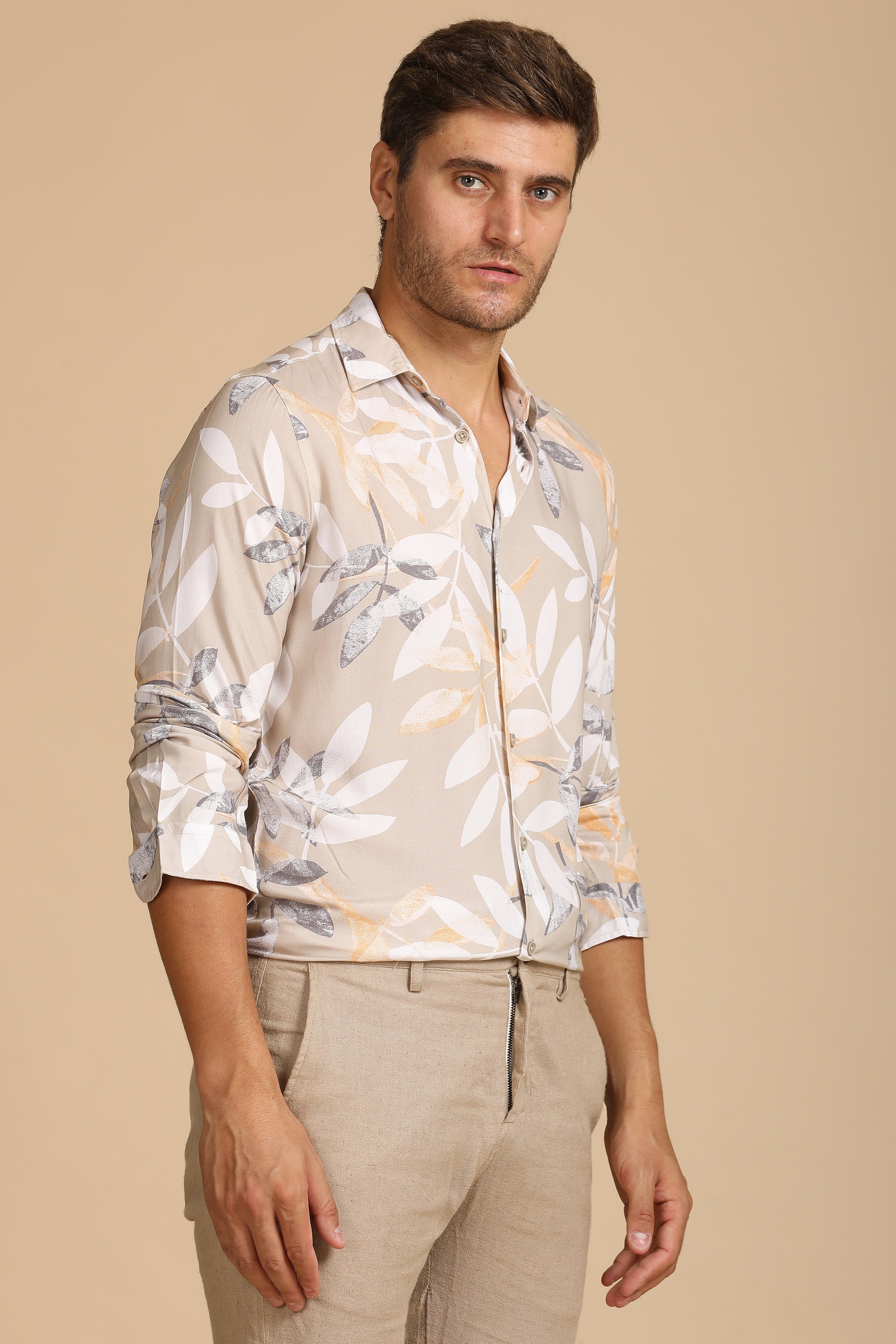 Men Tropical Viscose Printed Shirt Beige
