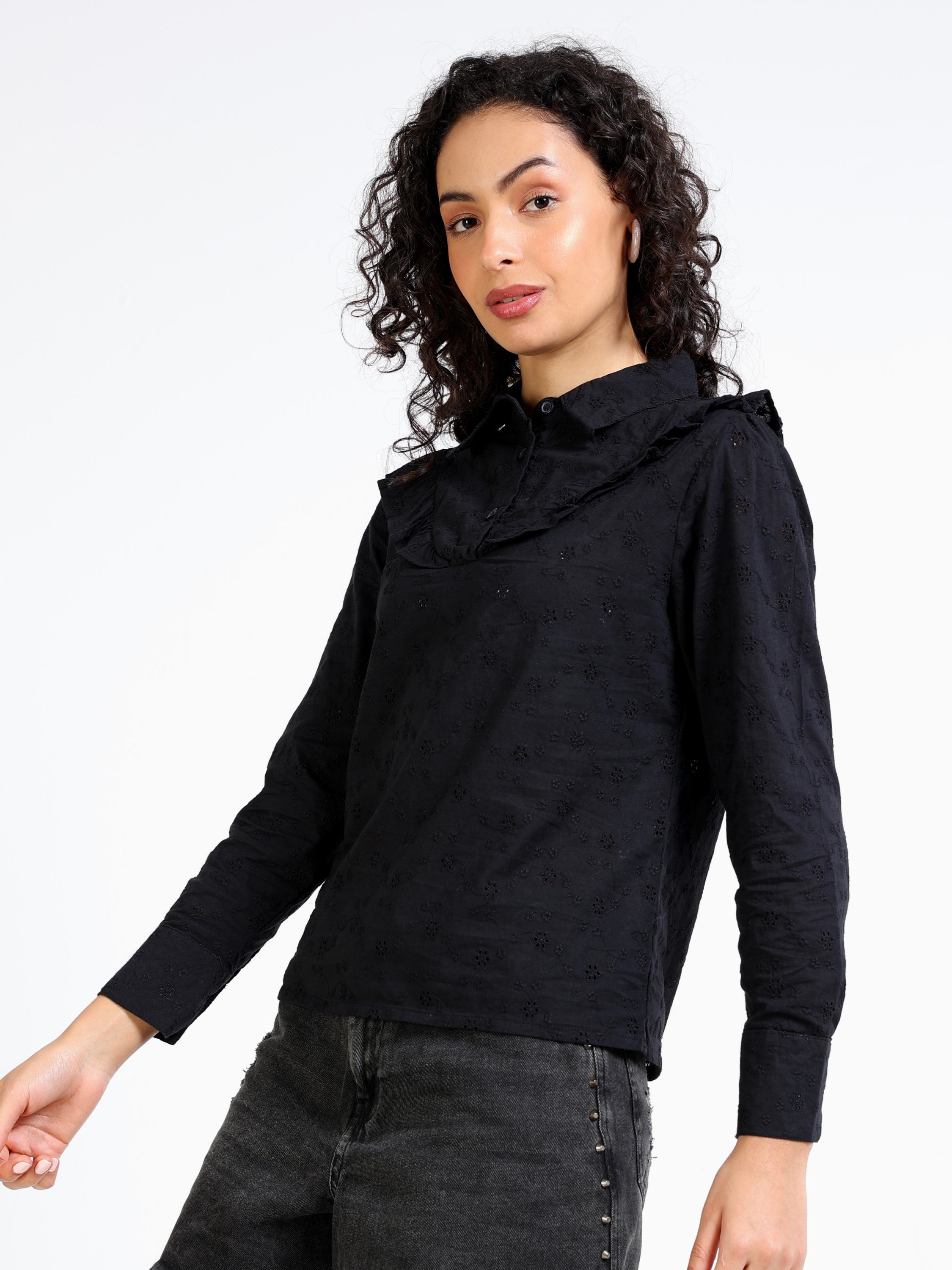 Women Black Shiffli Top with Frill inserts