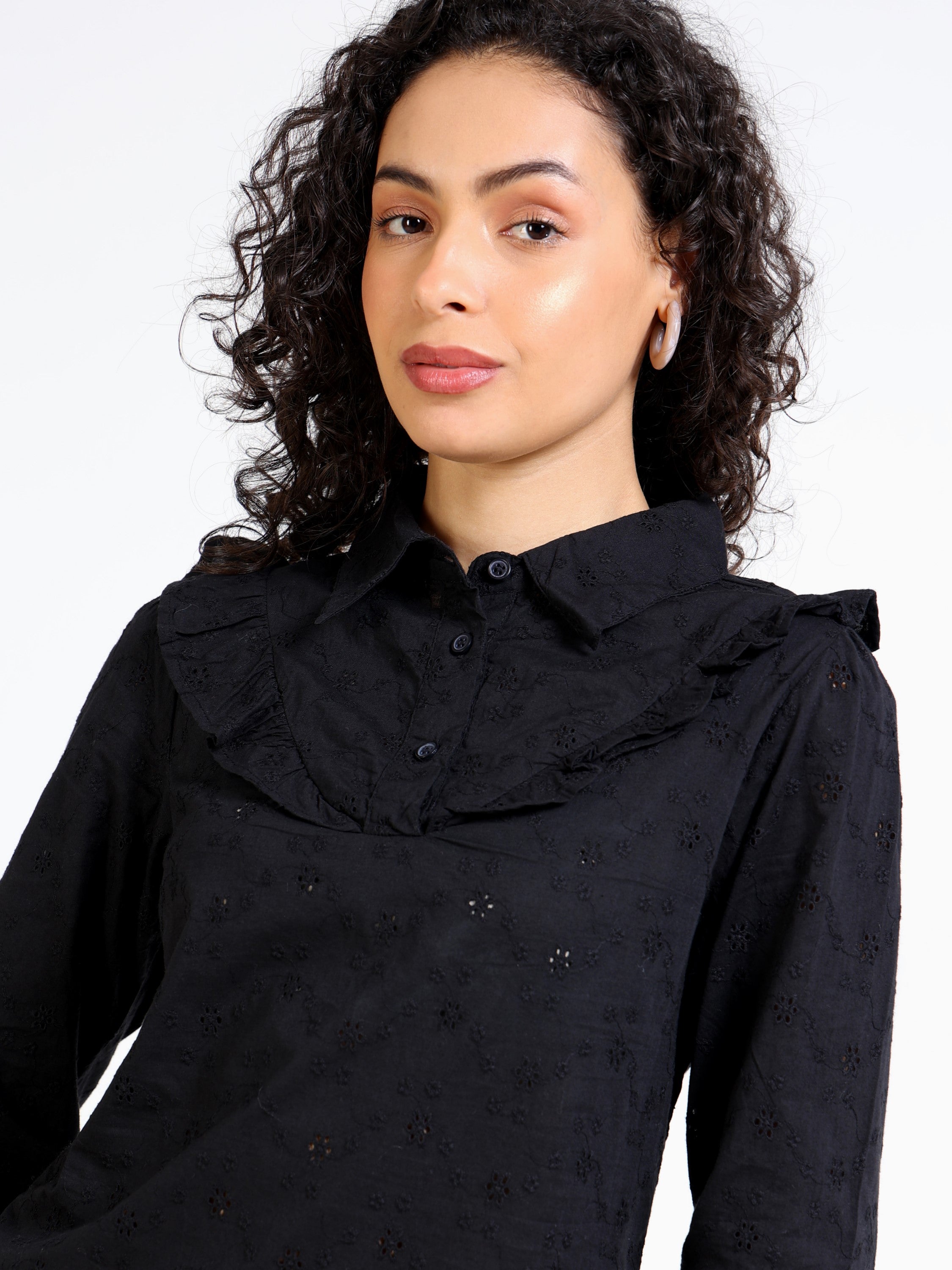 Women Black Shiffli Top with Frill inserts