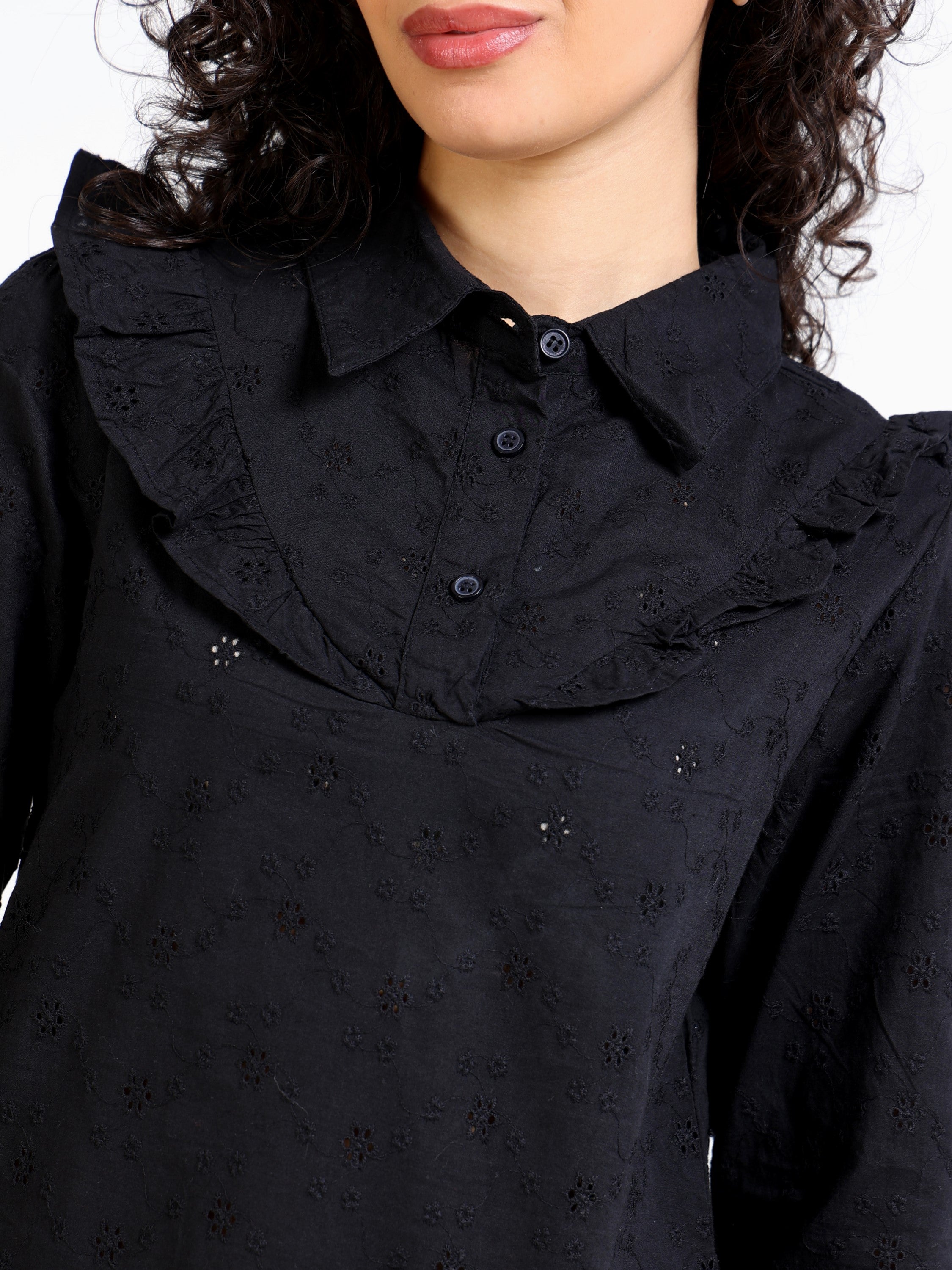 Women Black Shiffli Top with Frill inserts