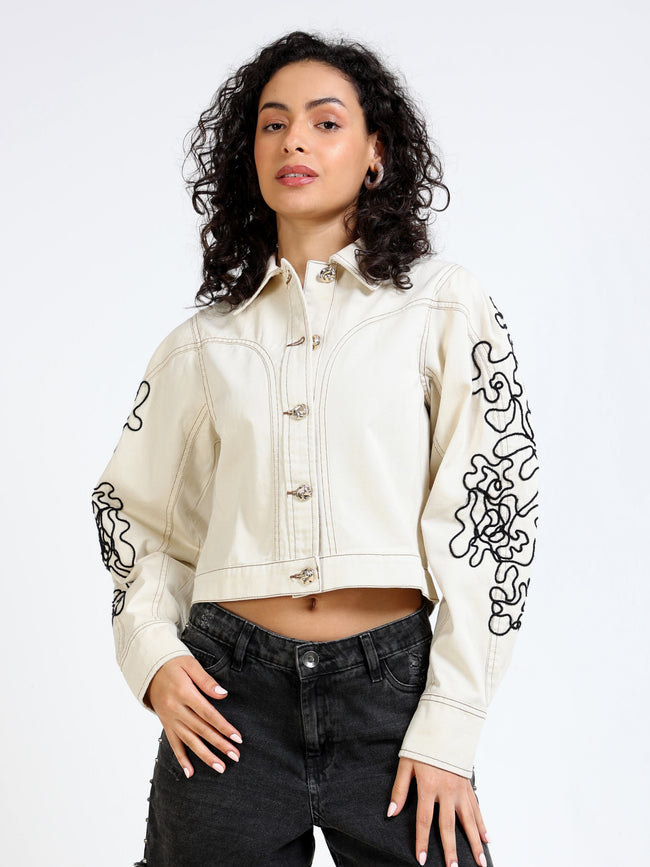 Women Cream Denim Jacket with Embroidered Sleeve