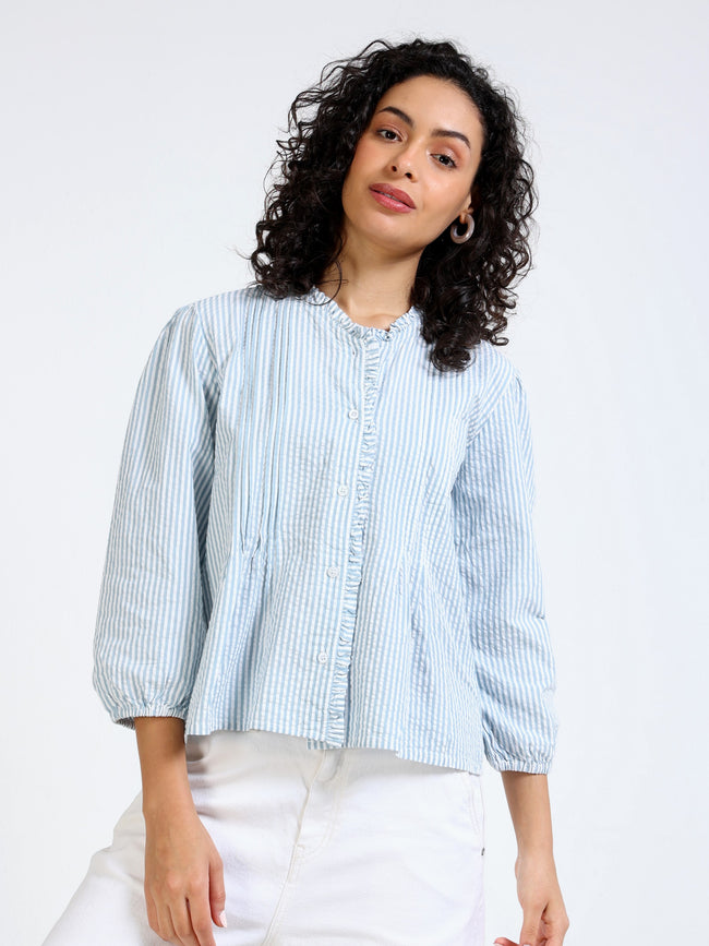 Women Green & White Striped shirt with Frill collor and placket