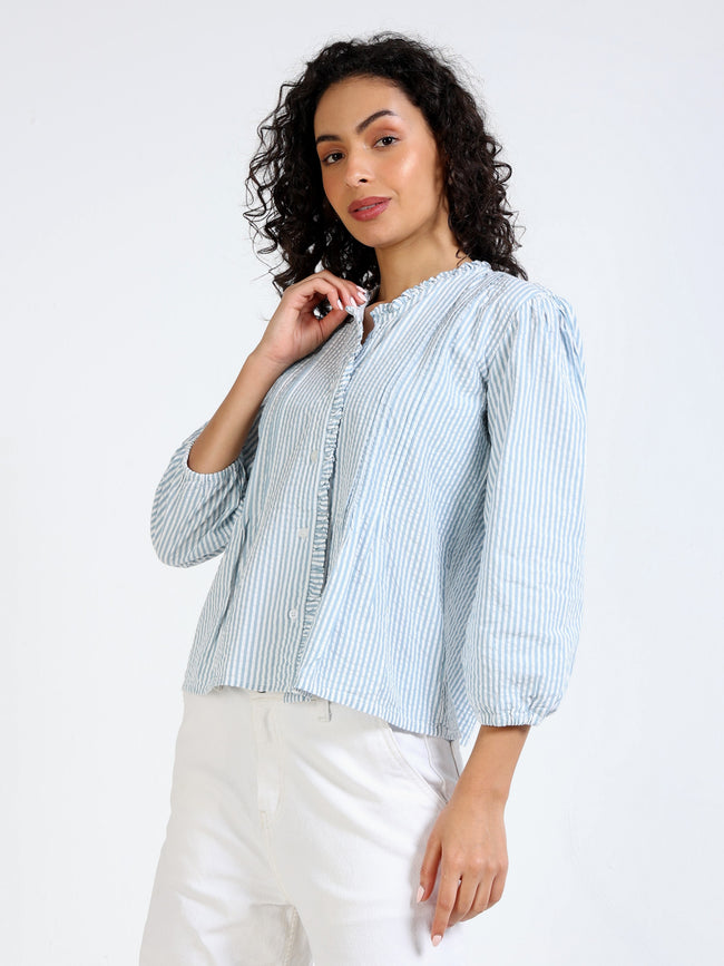 Women Green & White Striped shirt with Frill collor and placket