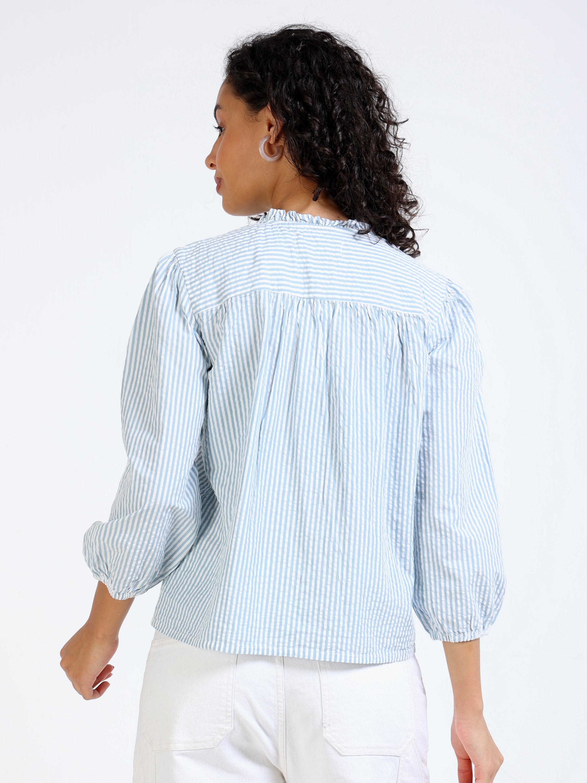 Women Green & White Striped shirt with Frill collor and placket