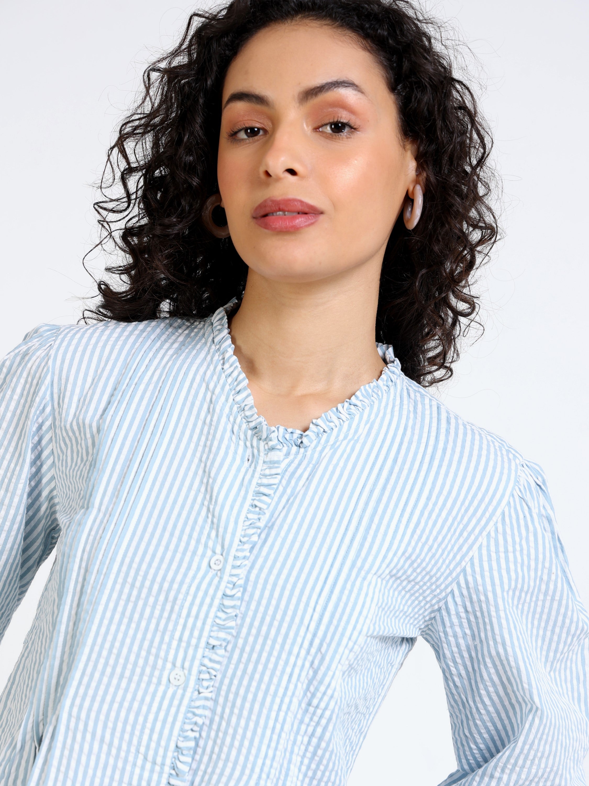 Women Green & White Striped shirt with Frill collor and placket