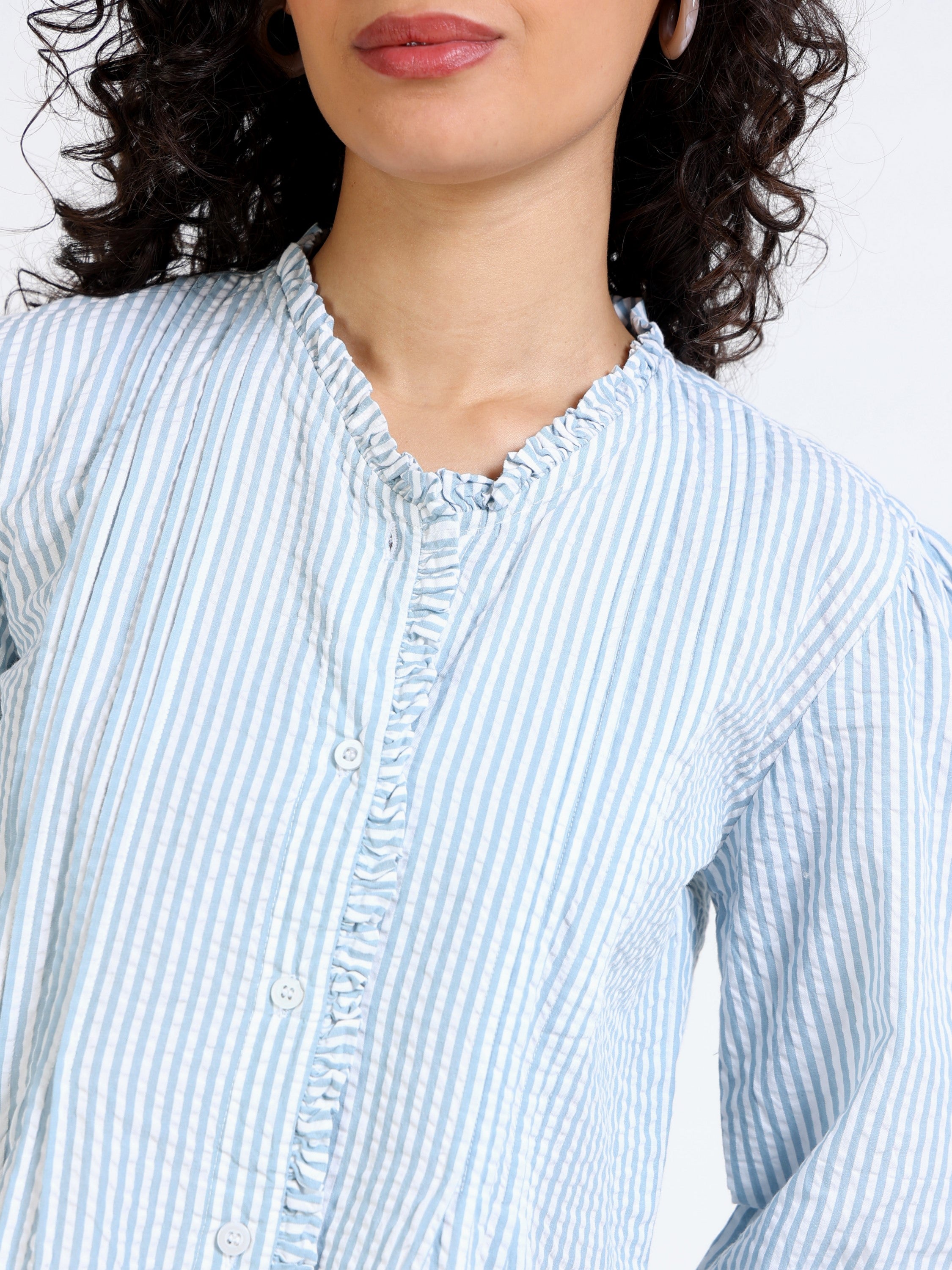 Women Green & White Striped shirt with Frill collor and placket