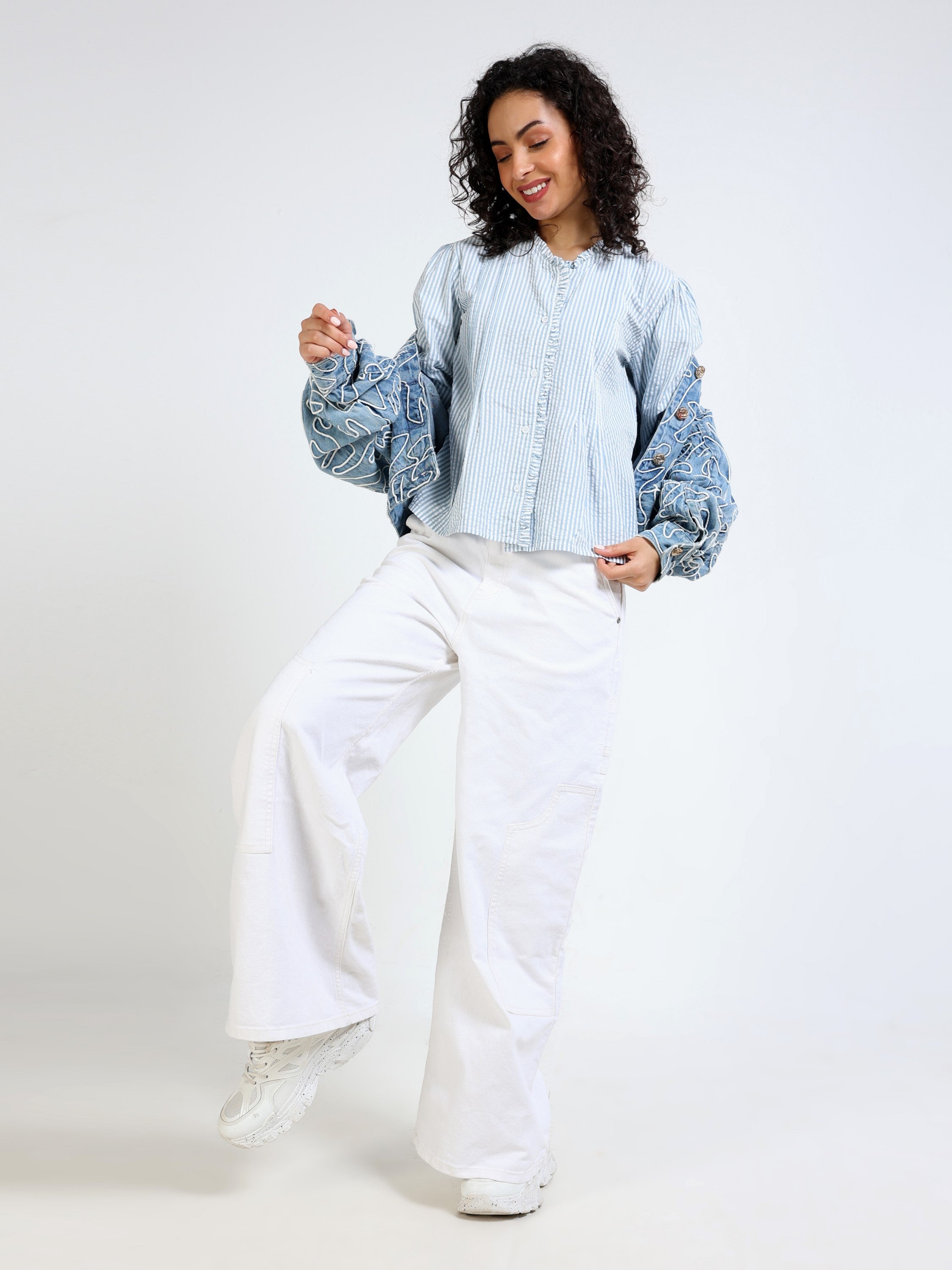 Women Green & White Striped shirt with Frill collor and placket