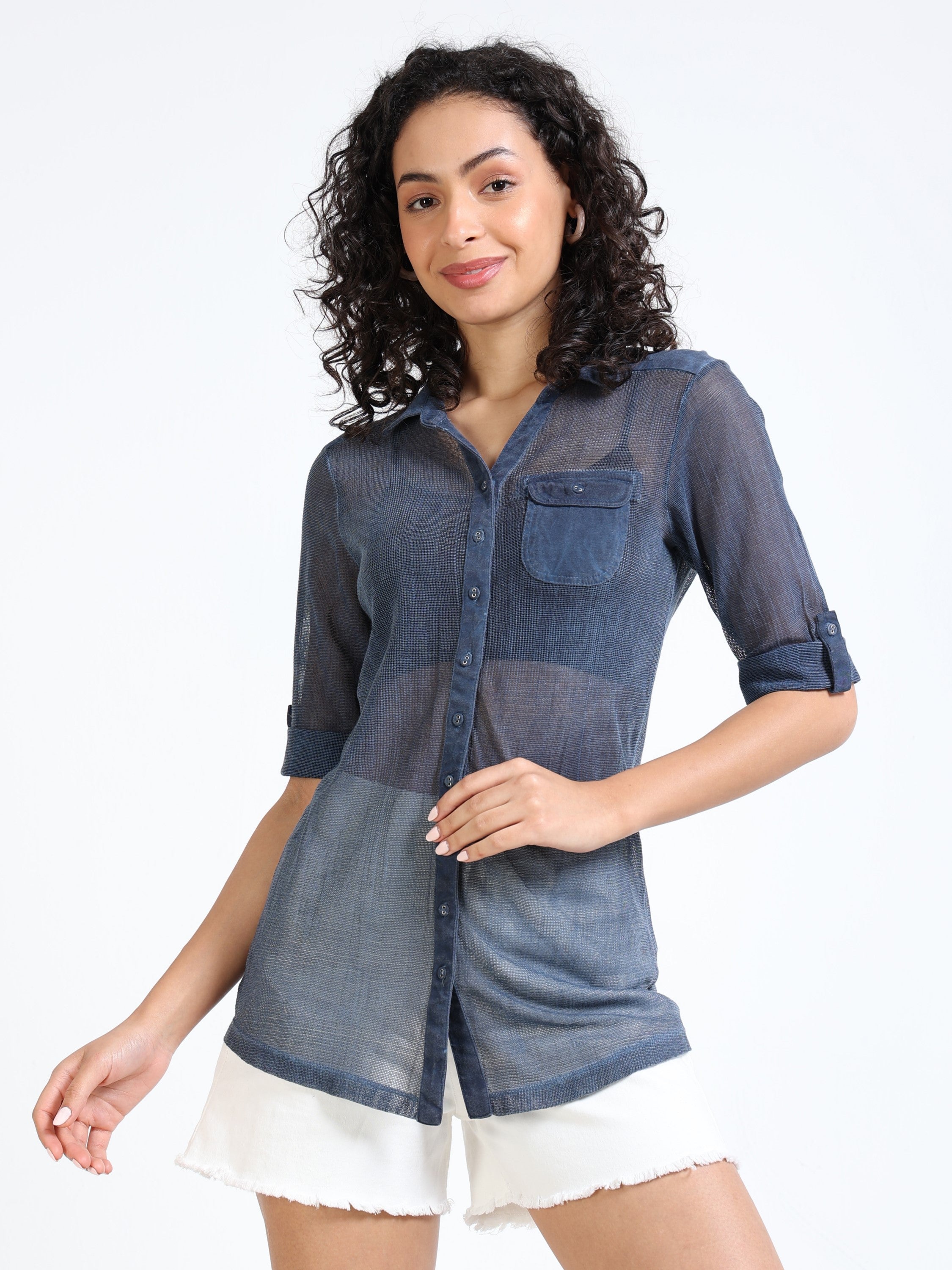 Women Navy Mesh Sheer Regular Fit Shirt