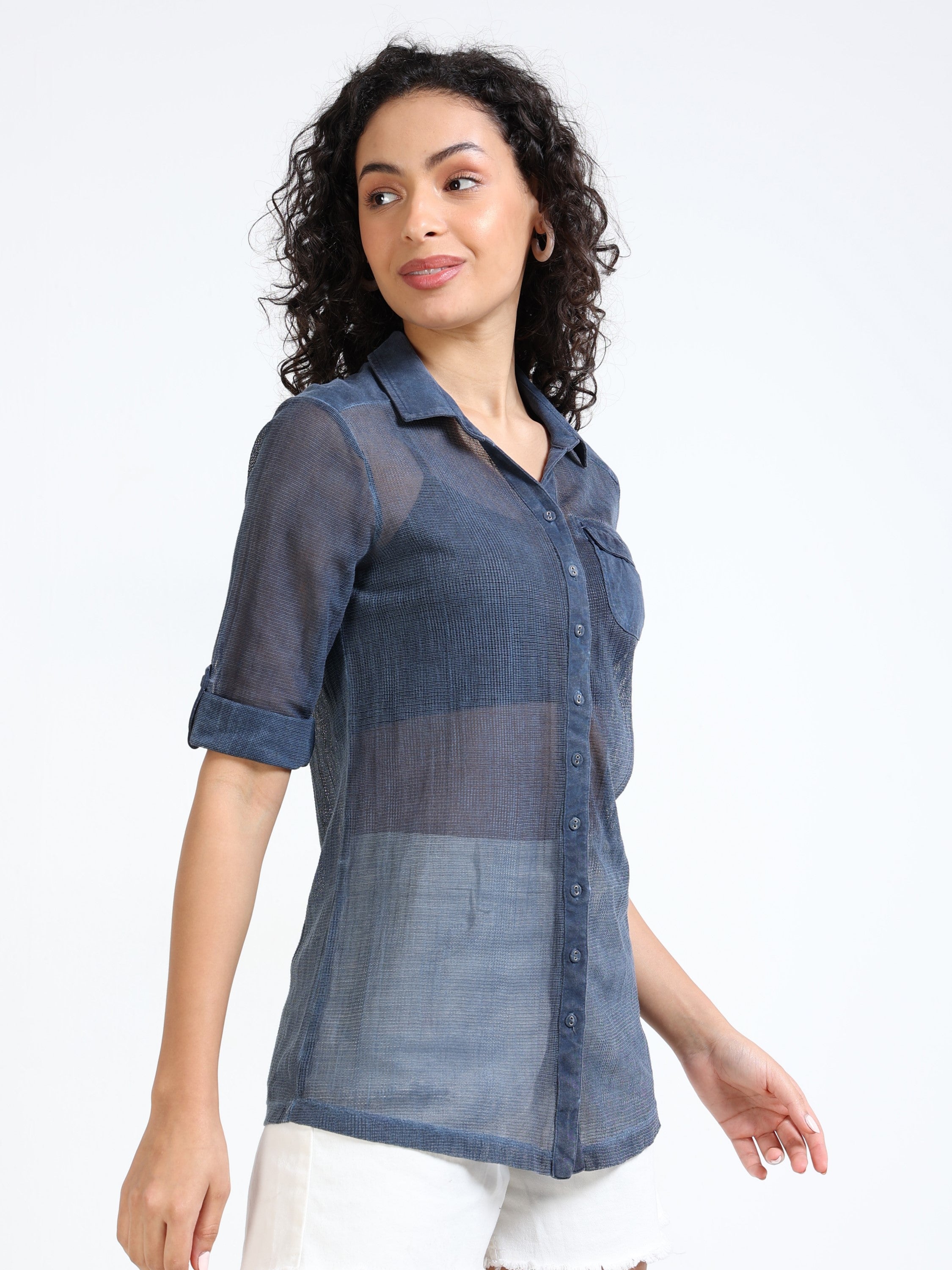 Women Navy Mesh Sheer Regular Fit Shirt