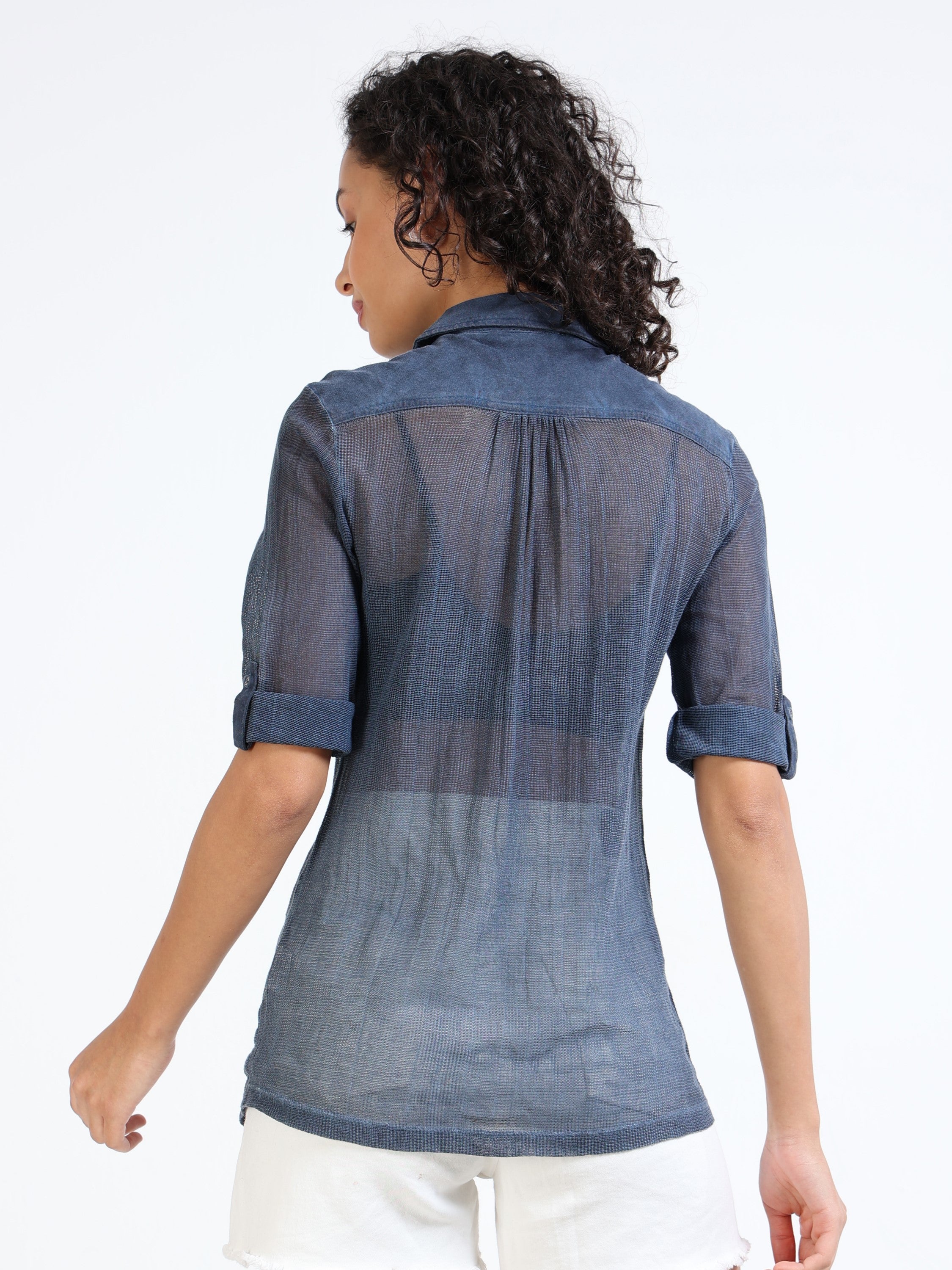 Women Navy Mesh Sheer Regular Fit Shirt