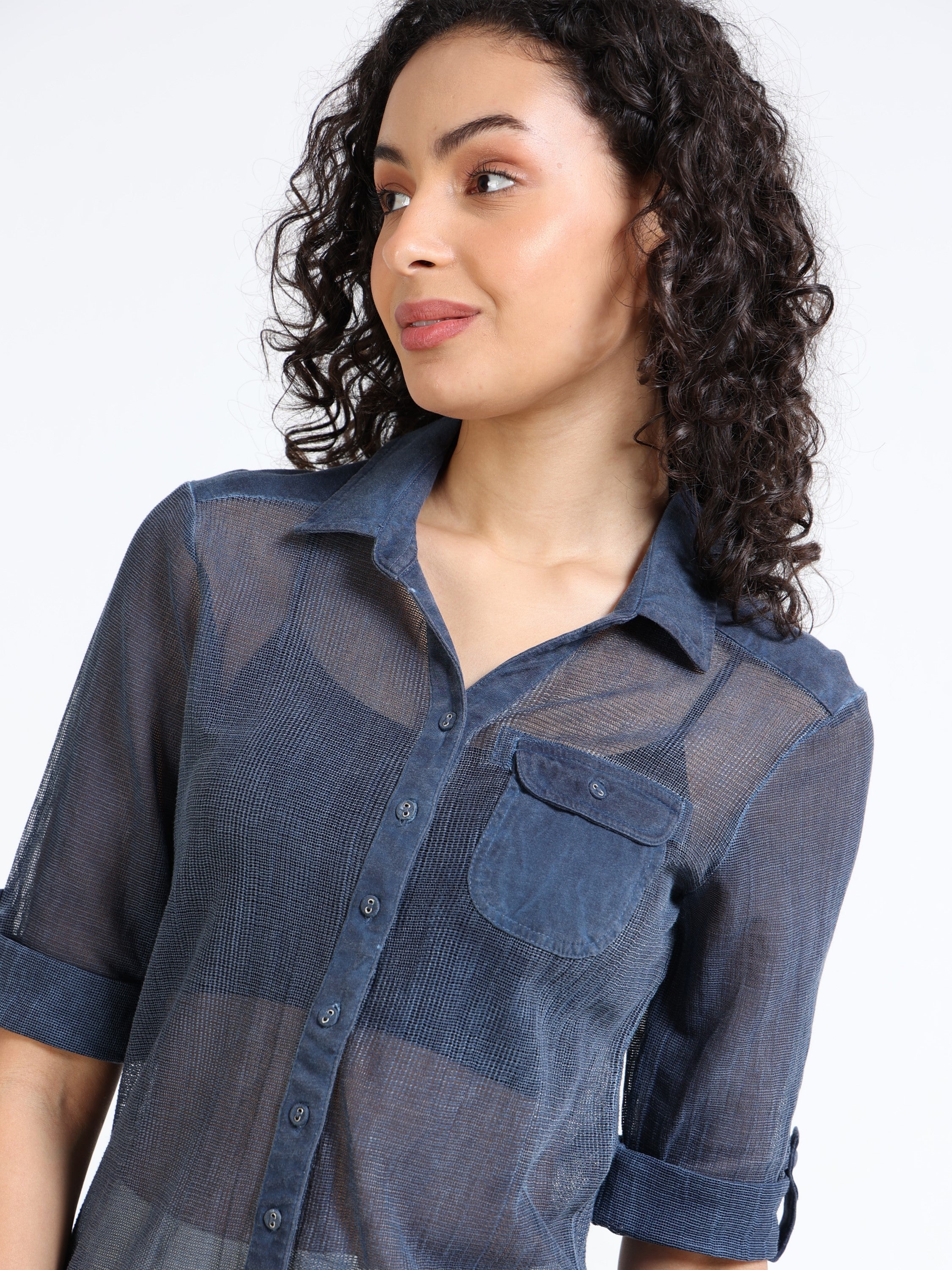 Women Navy Mesh Sheer Regular Fit Shirt