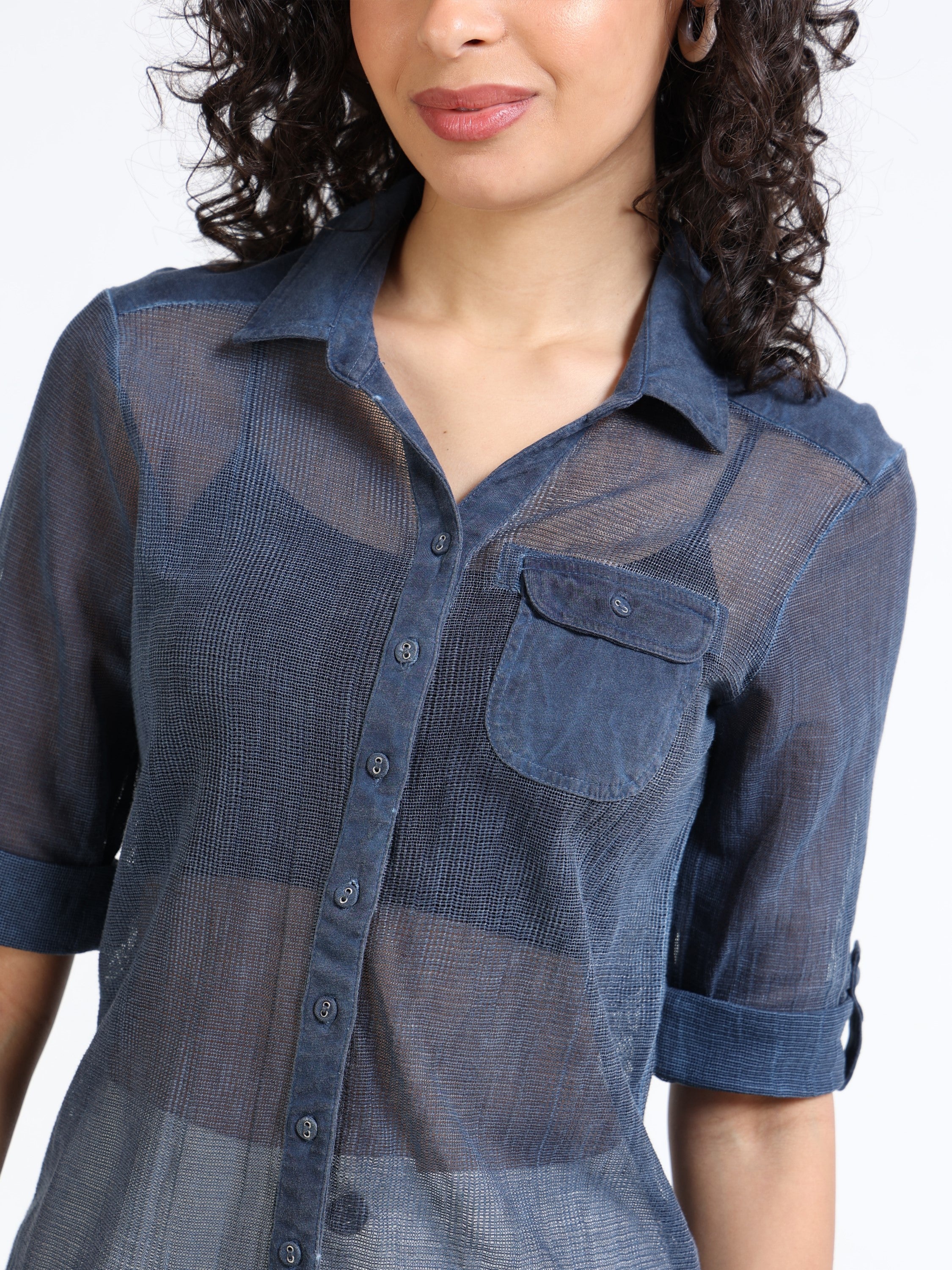 Women Navy Mesh Sheer Regular Fit Shirt