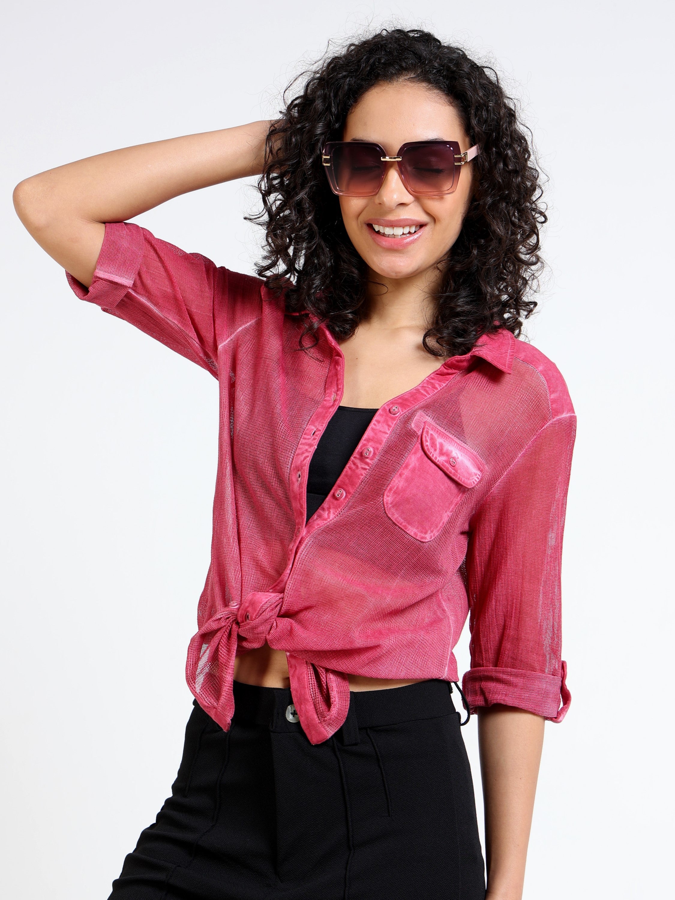 Women Pink Mesh Sheer Regular Fit Shirt