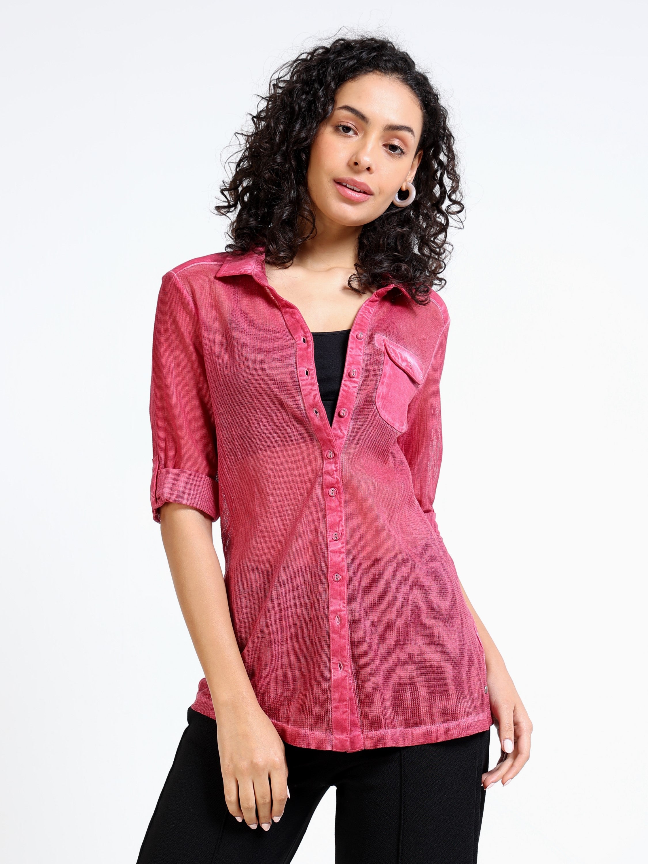 Women Pink Mesh Sheer Regular Fit Shirt