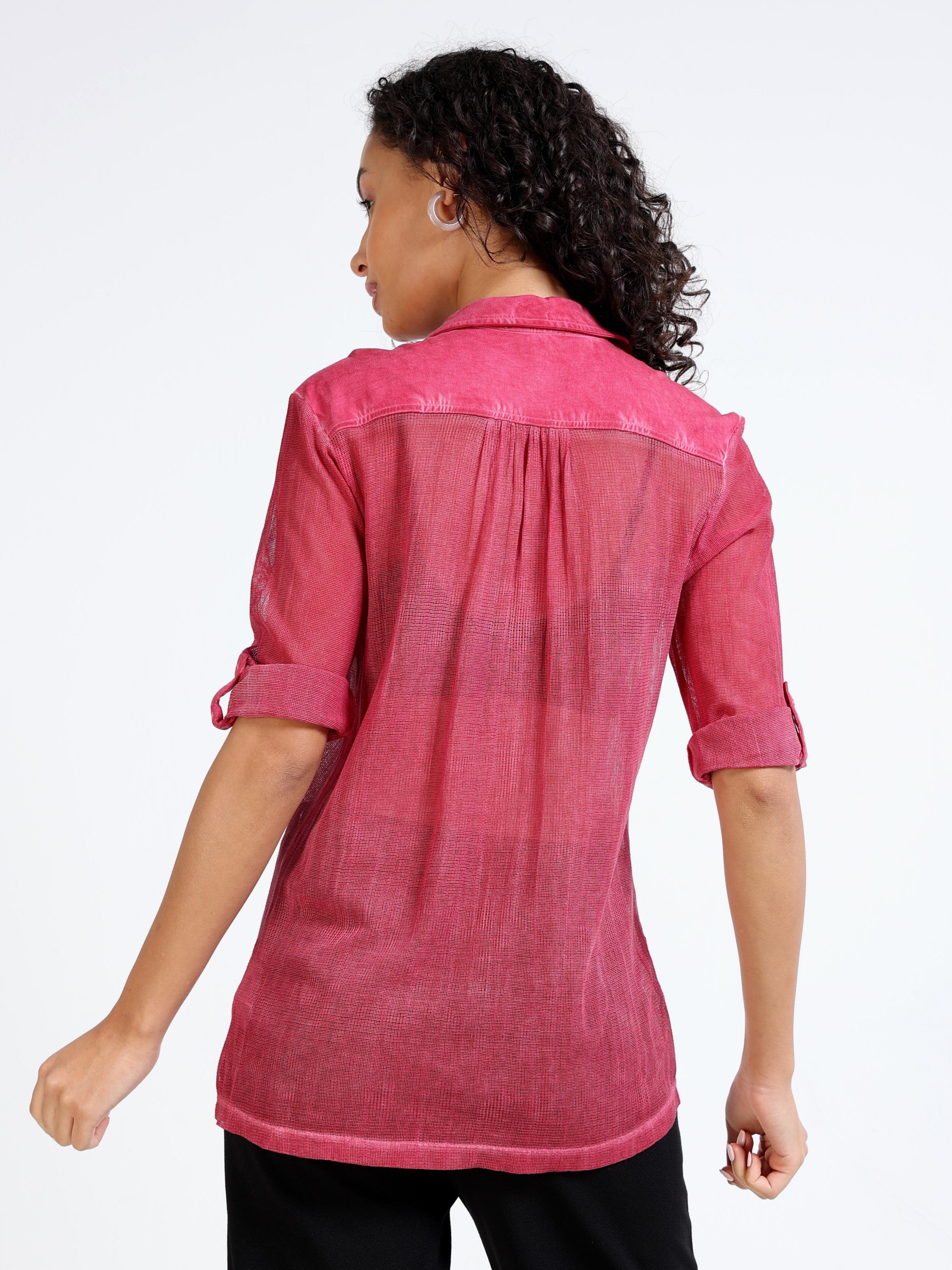 Women Pink Mesh Sheer Regular Fit Shirt