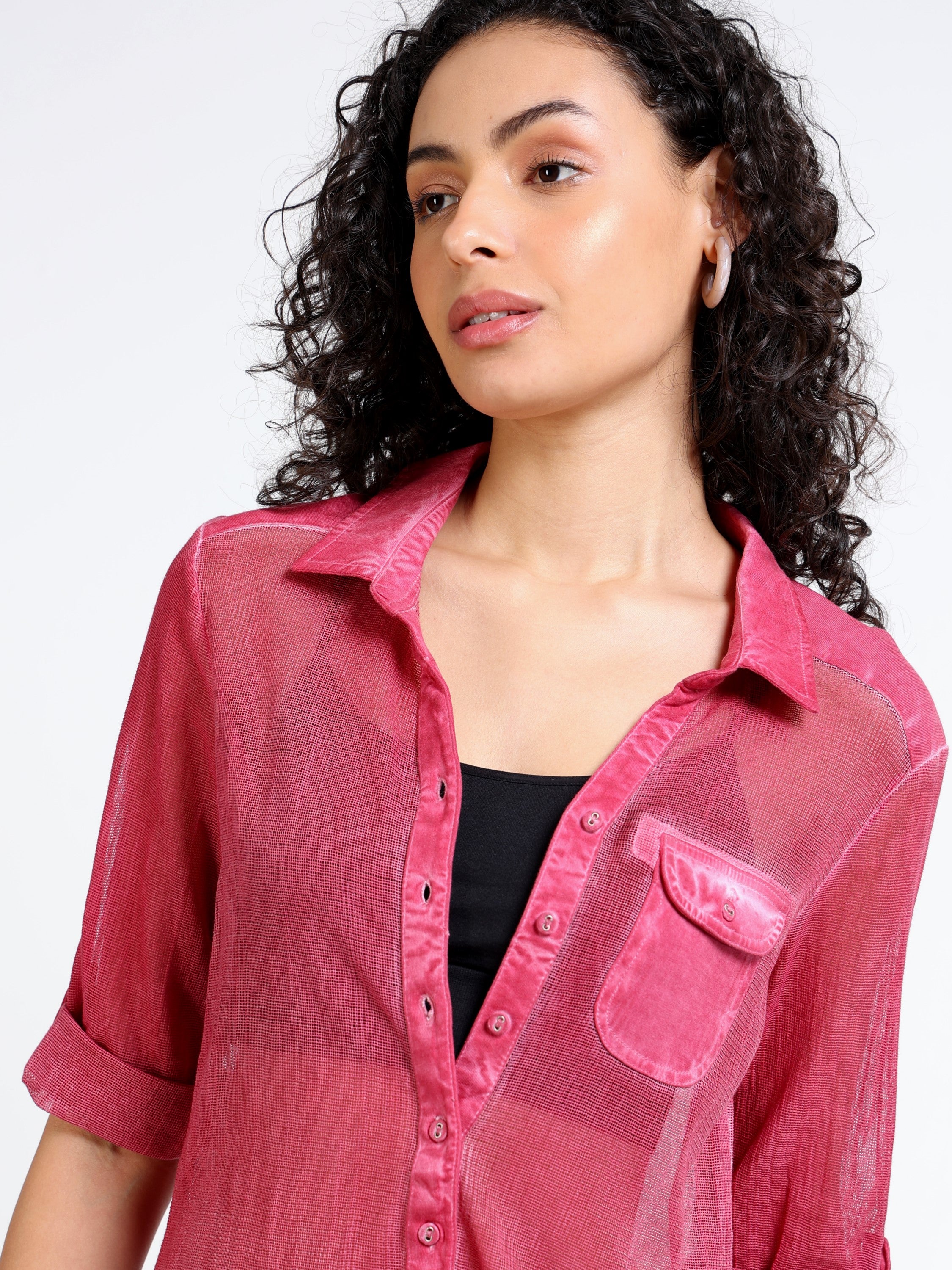 Women Pink Mesh Sheer Regular Fit Shirt