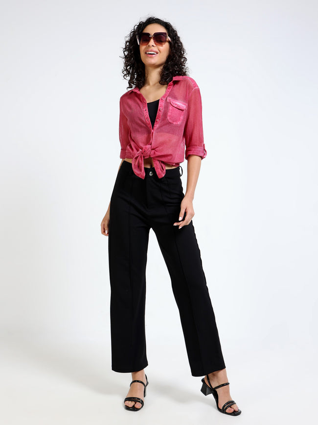 Women Pink Mesh Sheer Regular Fit Shirt