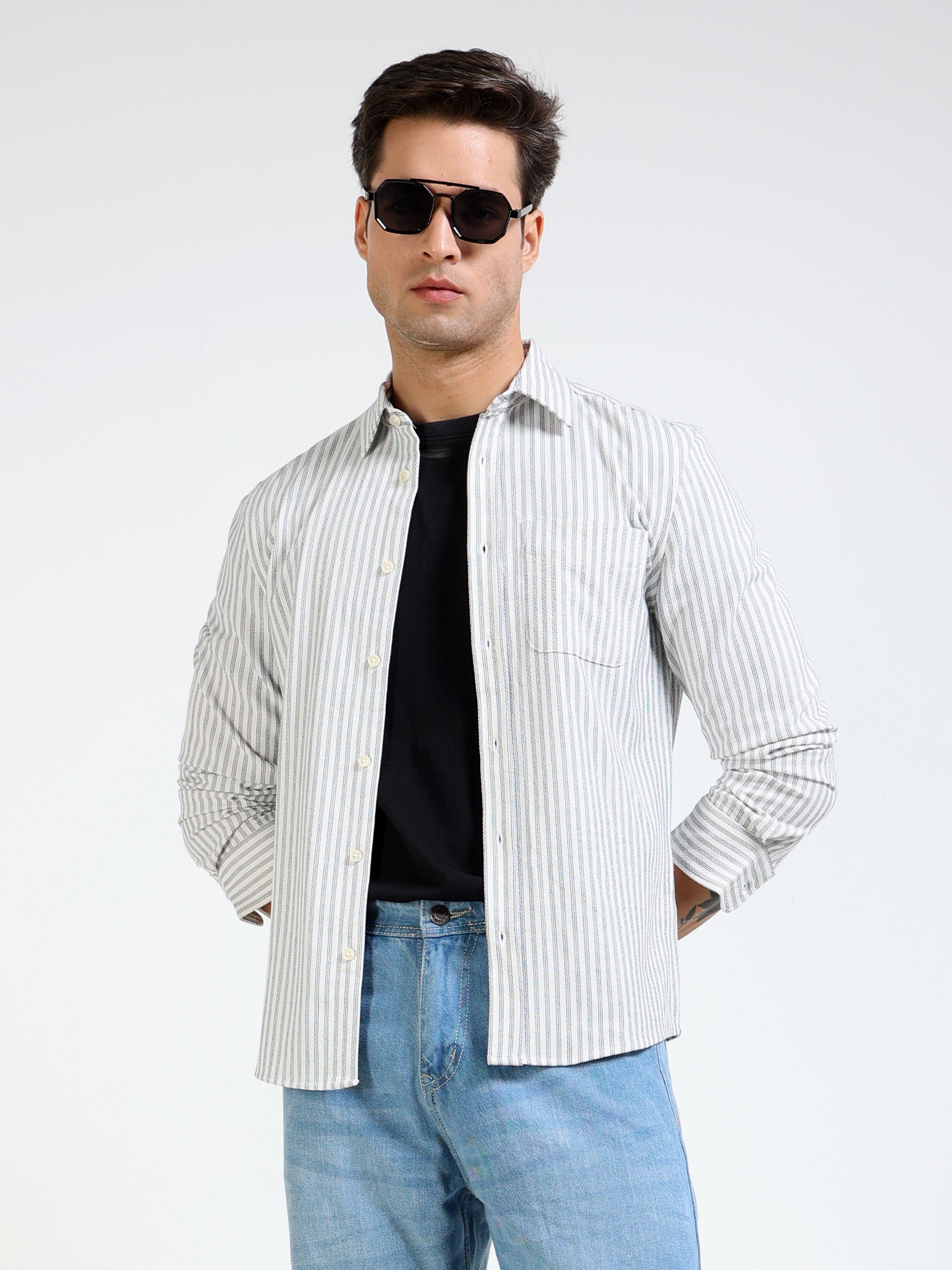 Men Grey & White Regular Fit Shirt