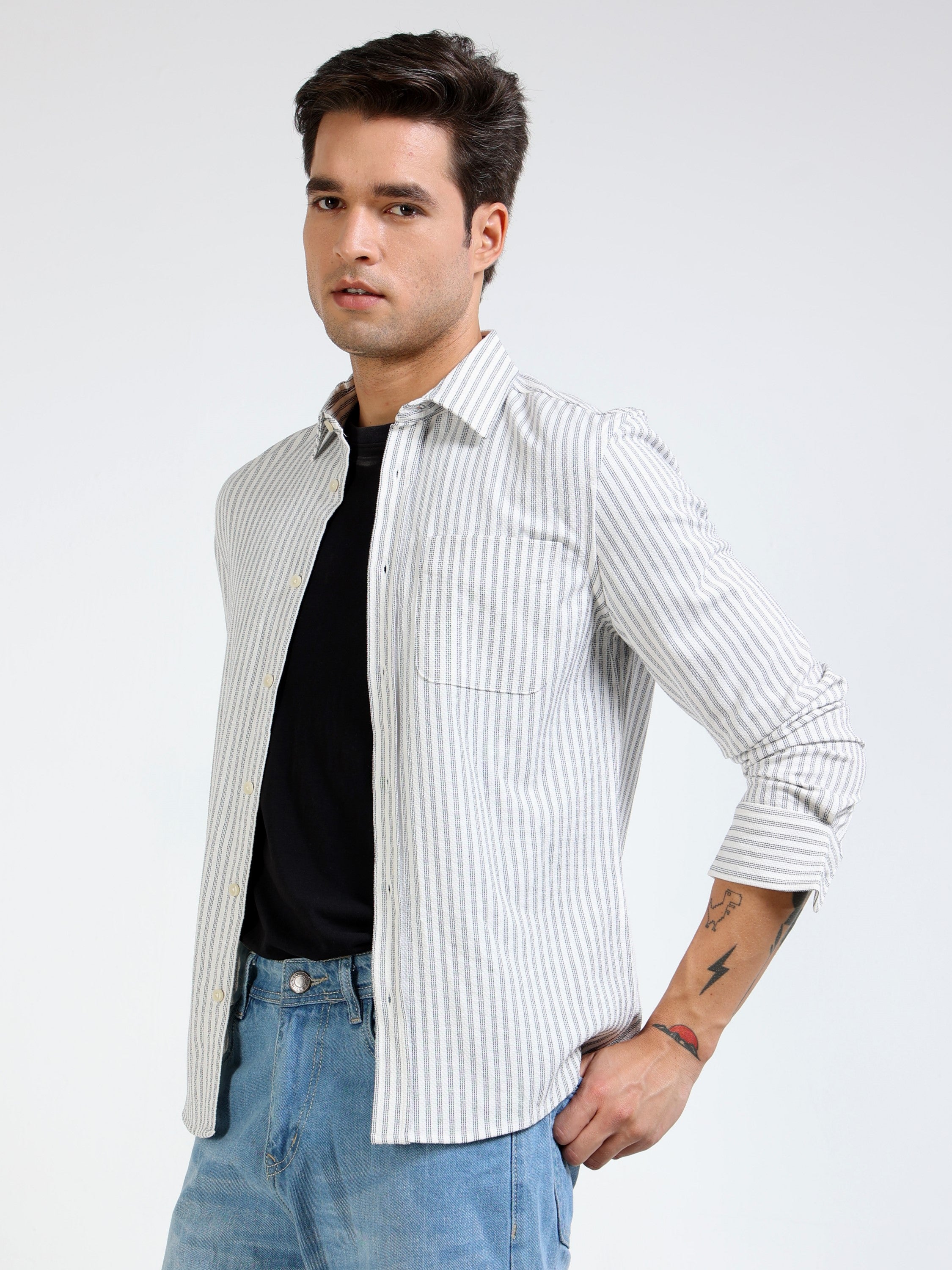 Men Grey & White Regular Fit Shirt