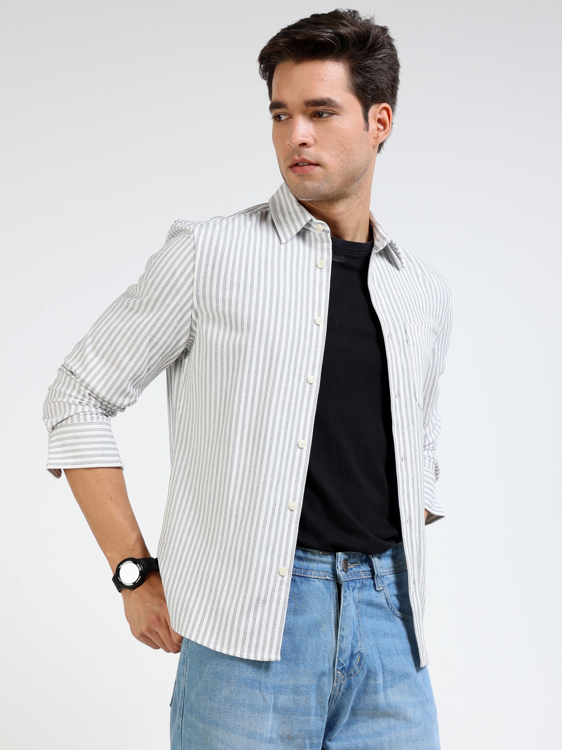 Men Grey & White Regular Fit Shirt