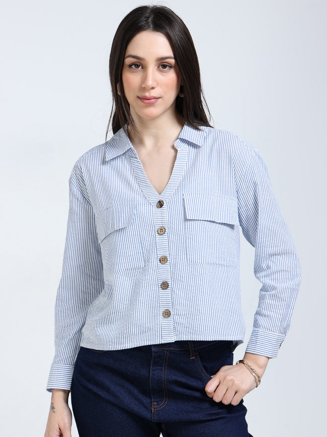 Women Blue Stripe Boxy Fit Shirt