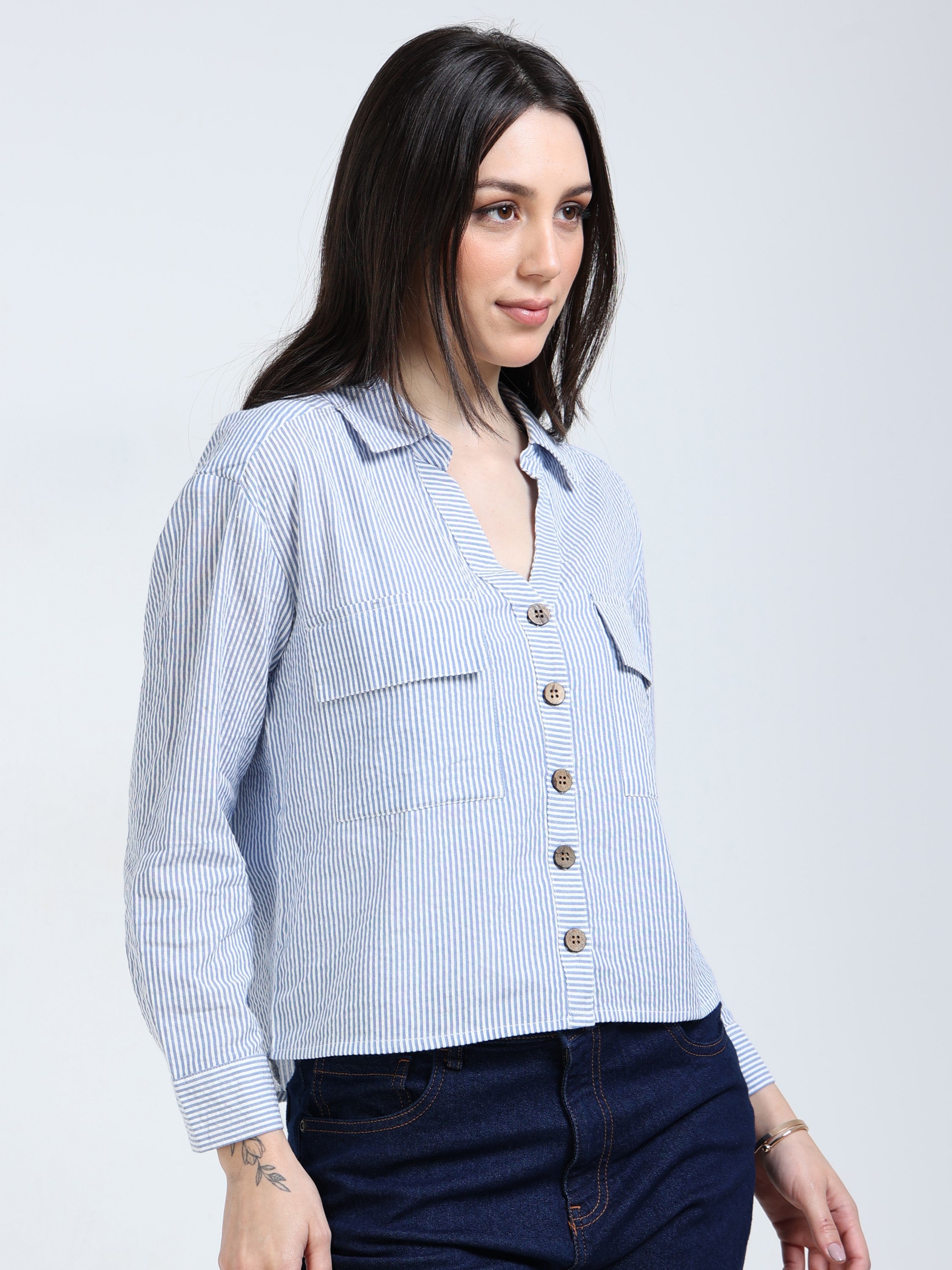 Women Blue Stripe Boxy Fit Shirt