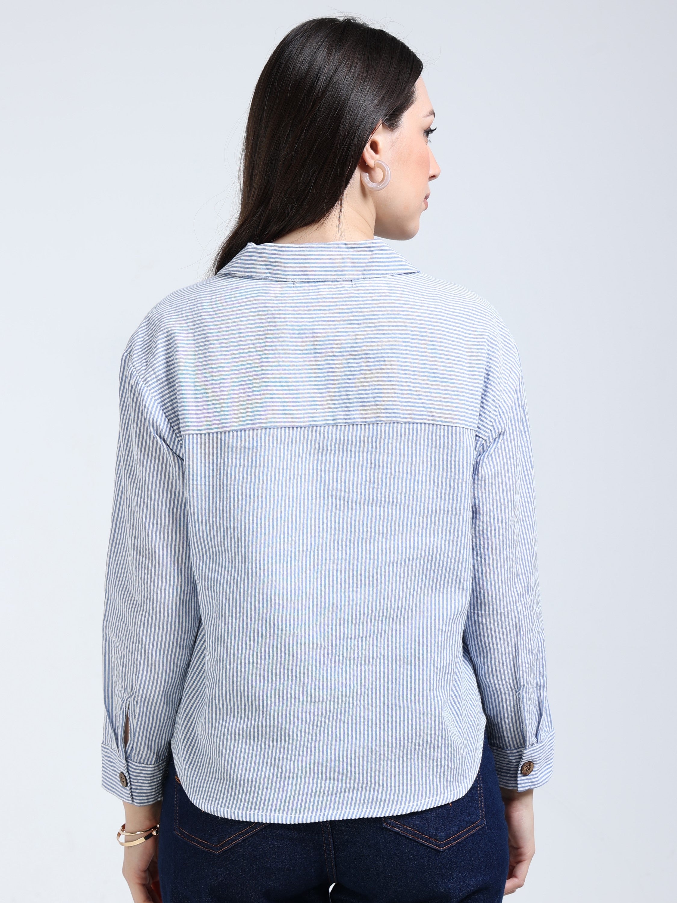 Women Blue Stripe Boxy Fit Shirt