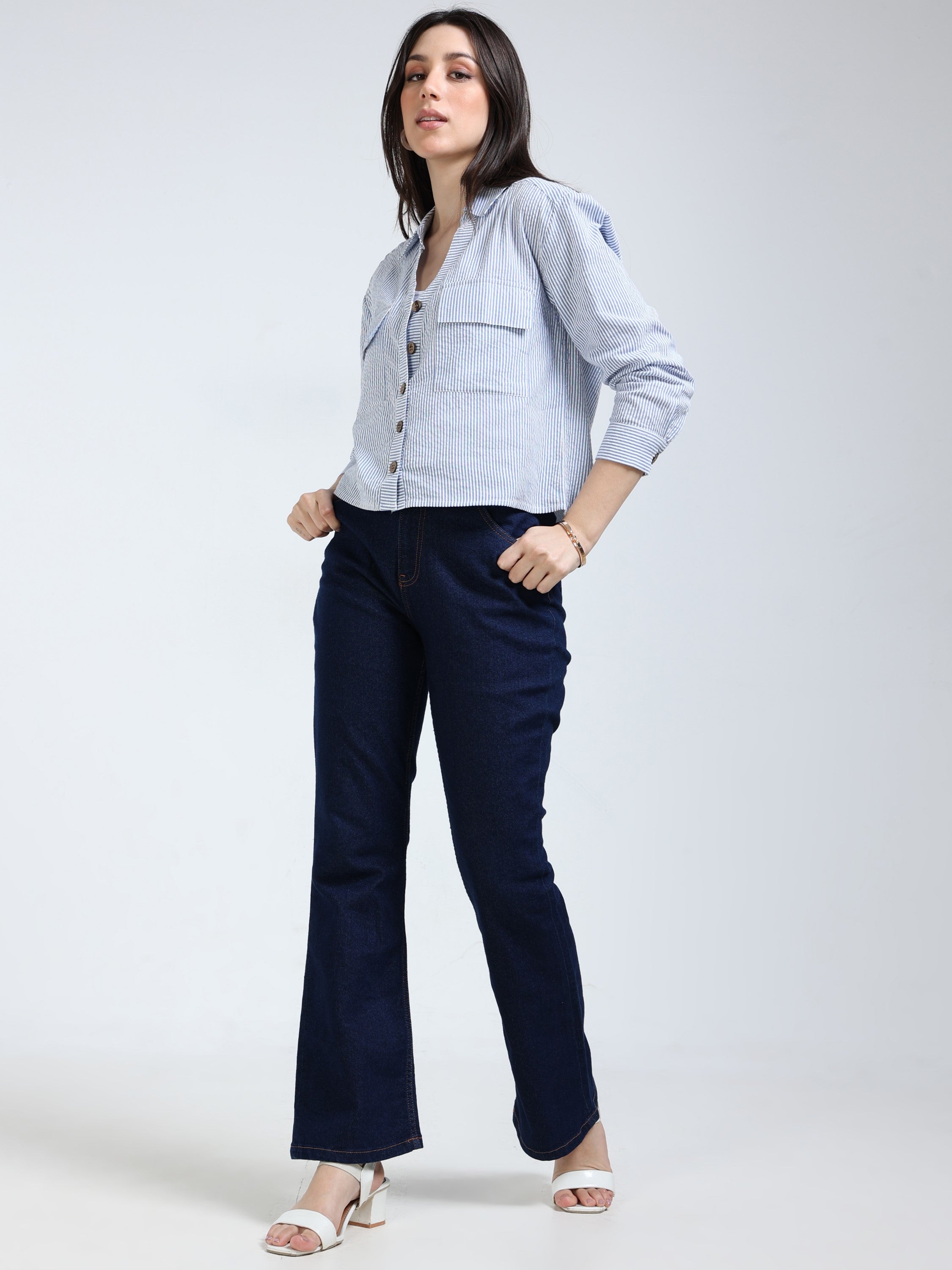 Women Blue Stripe Boxy Fit Shirt
