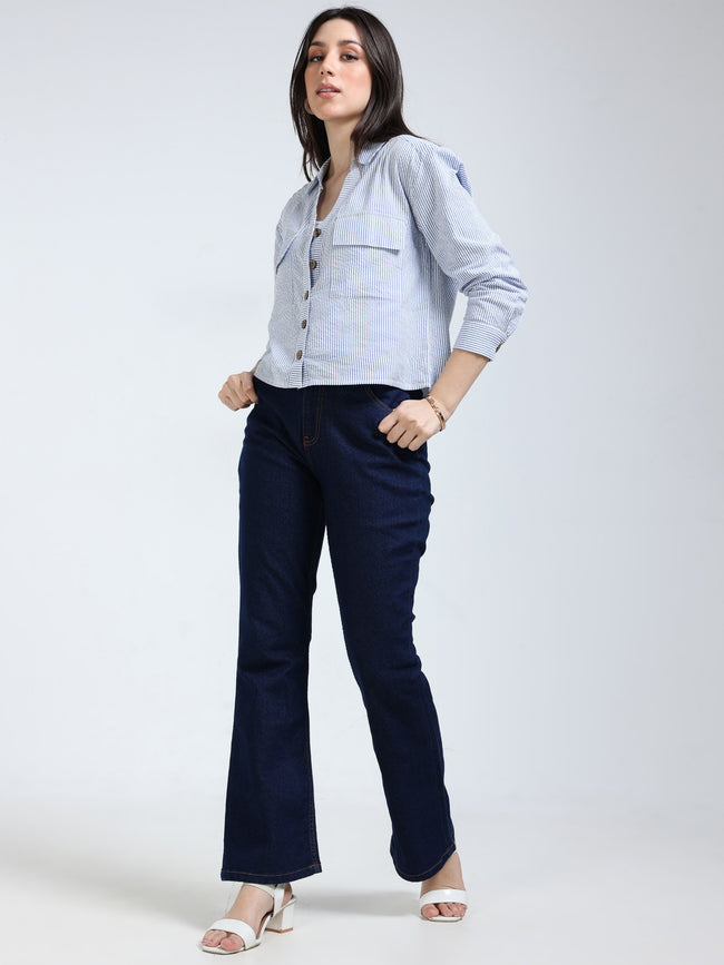 Women Blue Stripe Boxy Fit Shirt