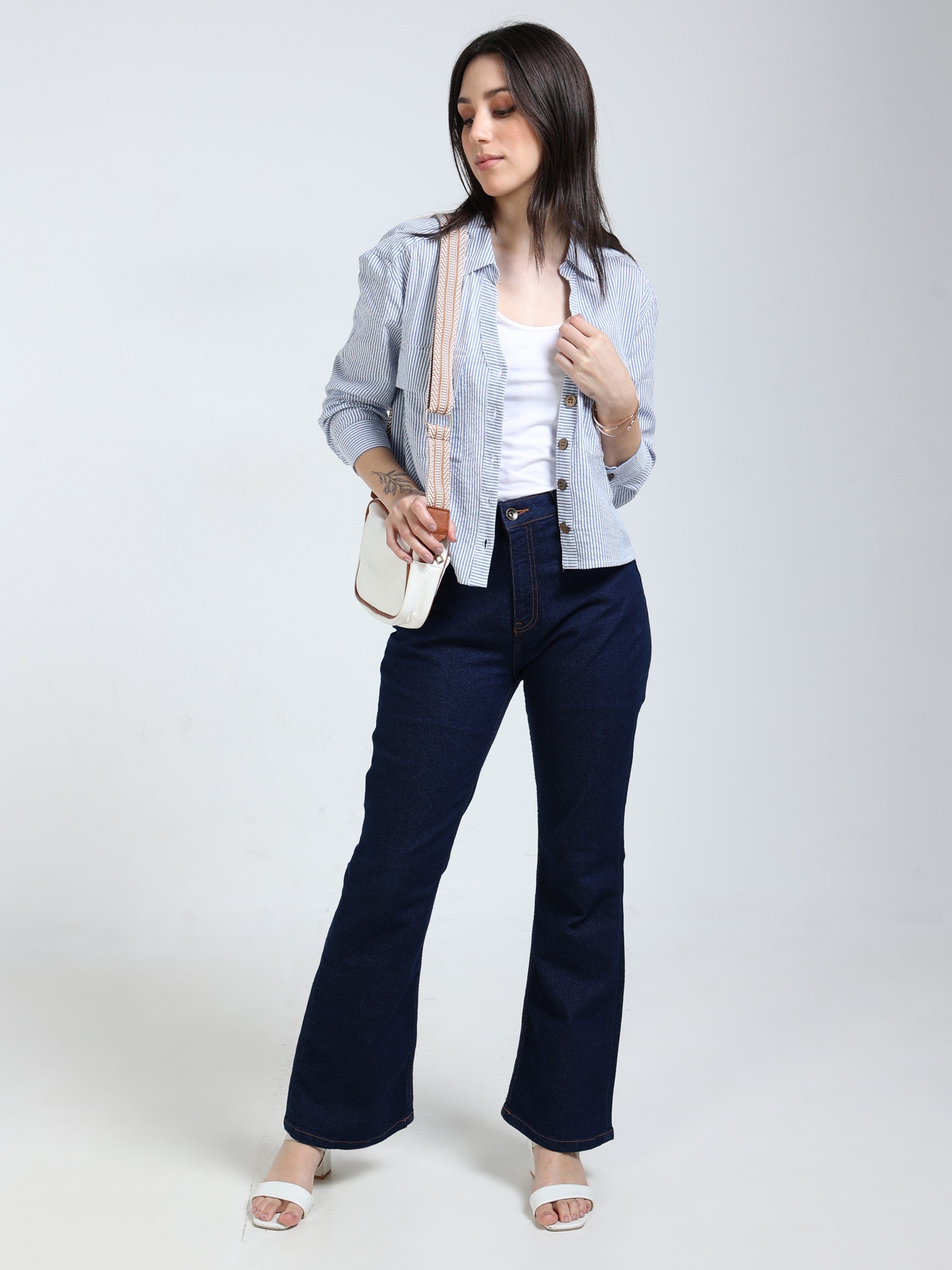 Women Blue Stripe Boxy Fit Shirt