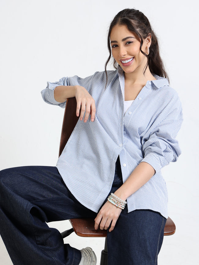 Women Blue and White Stripe Shirt