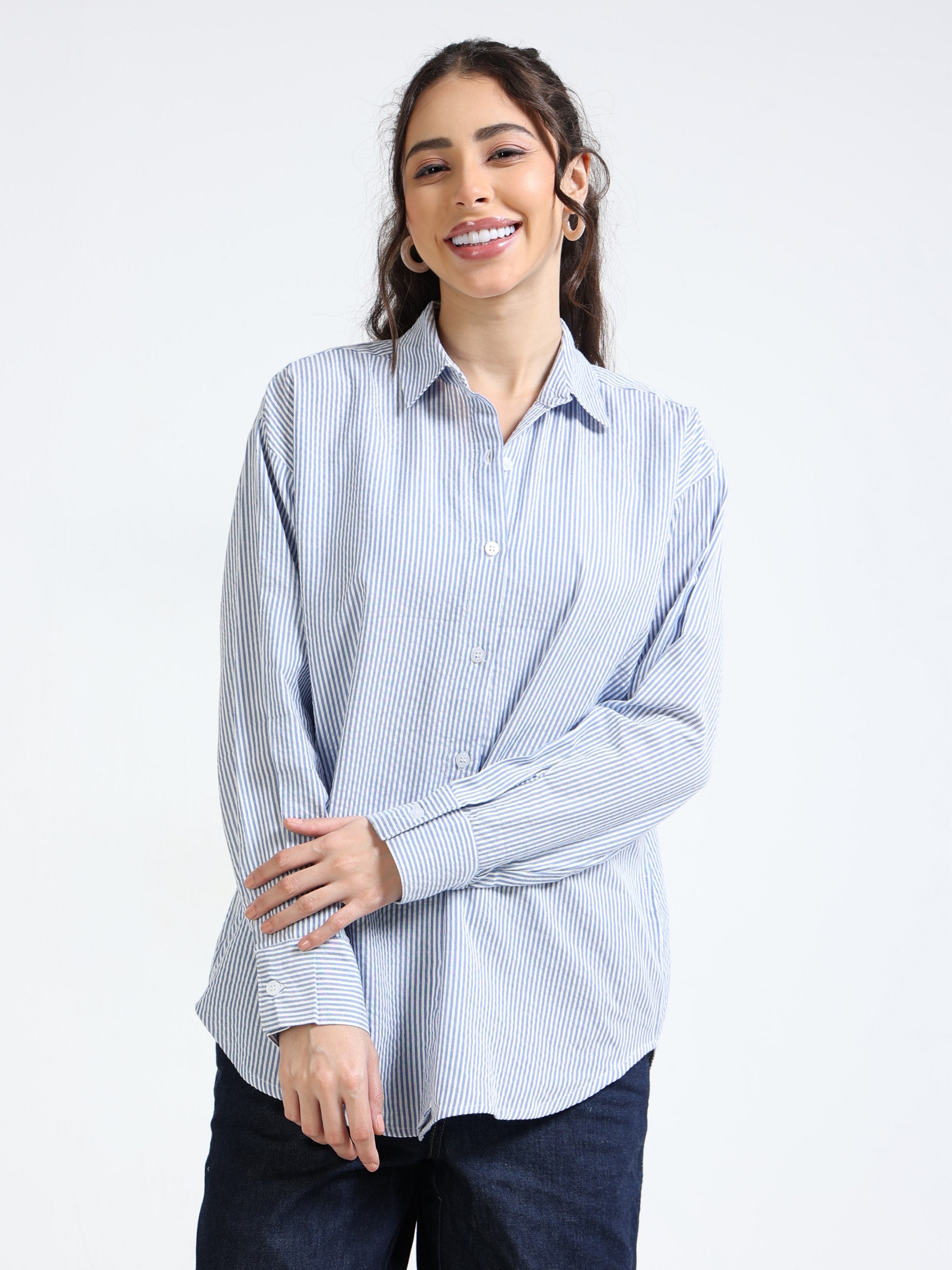Women Blue and White Stripe Shirt