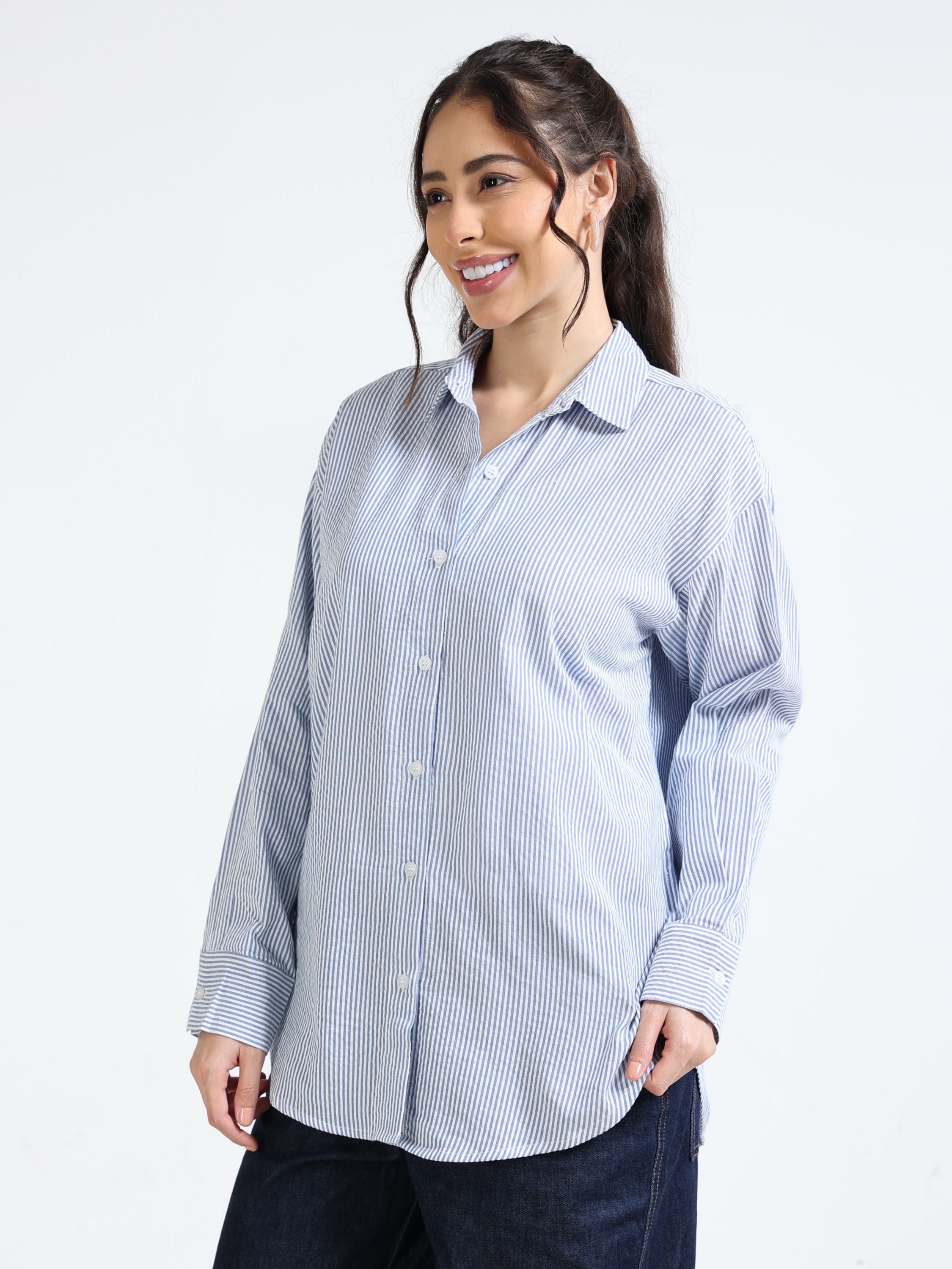 Women Blue and White Stripe Shirt