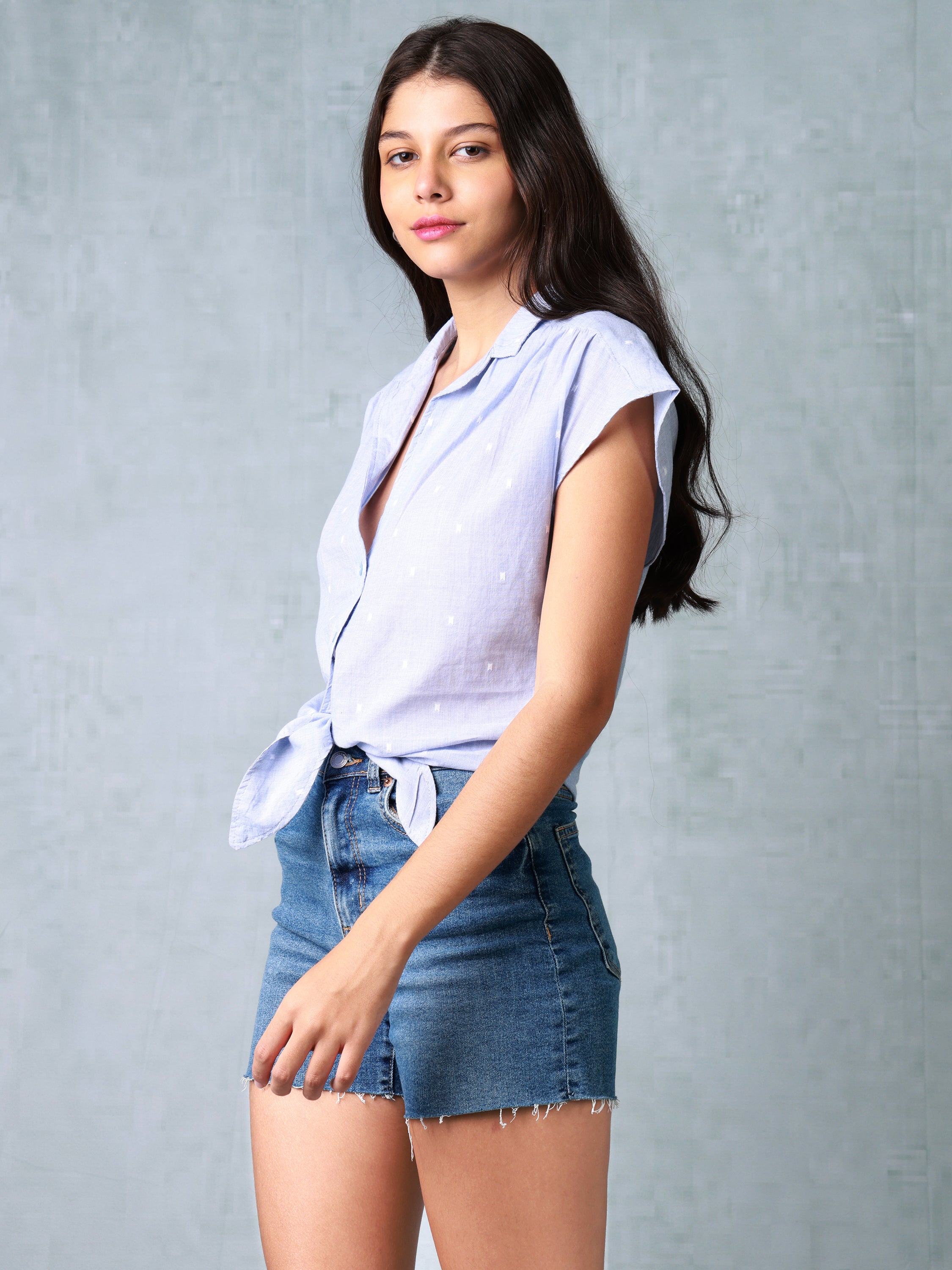 Women Blue Textured Casual Shirt