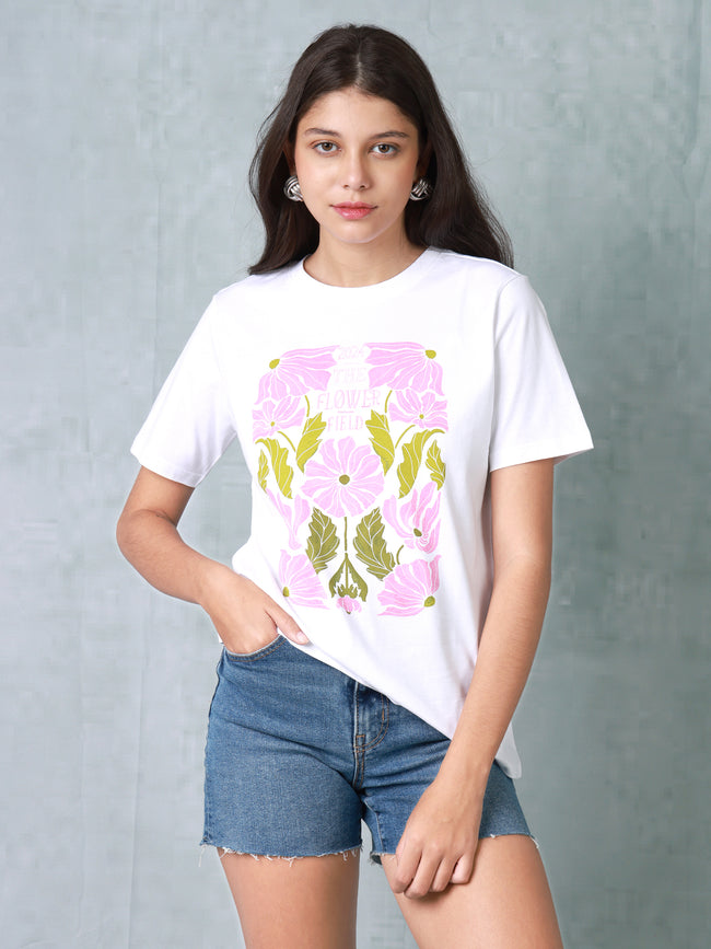 Women White Floral Organic Cotton T-shirt