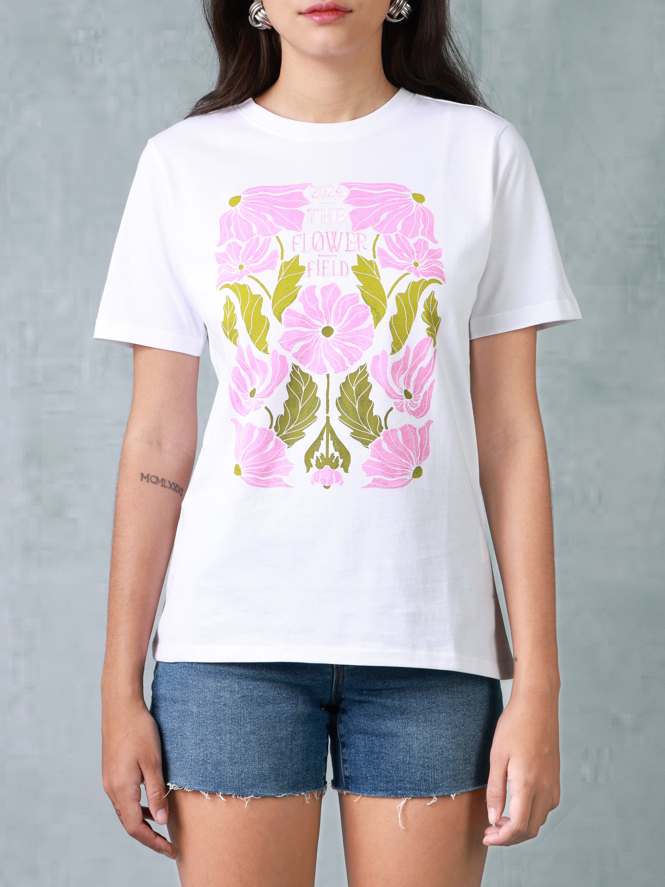 Women White Floral Organic Cotton T-shirt