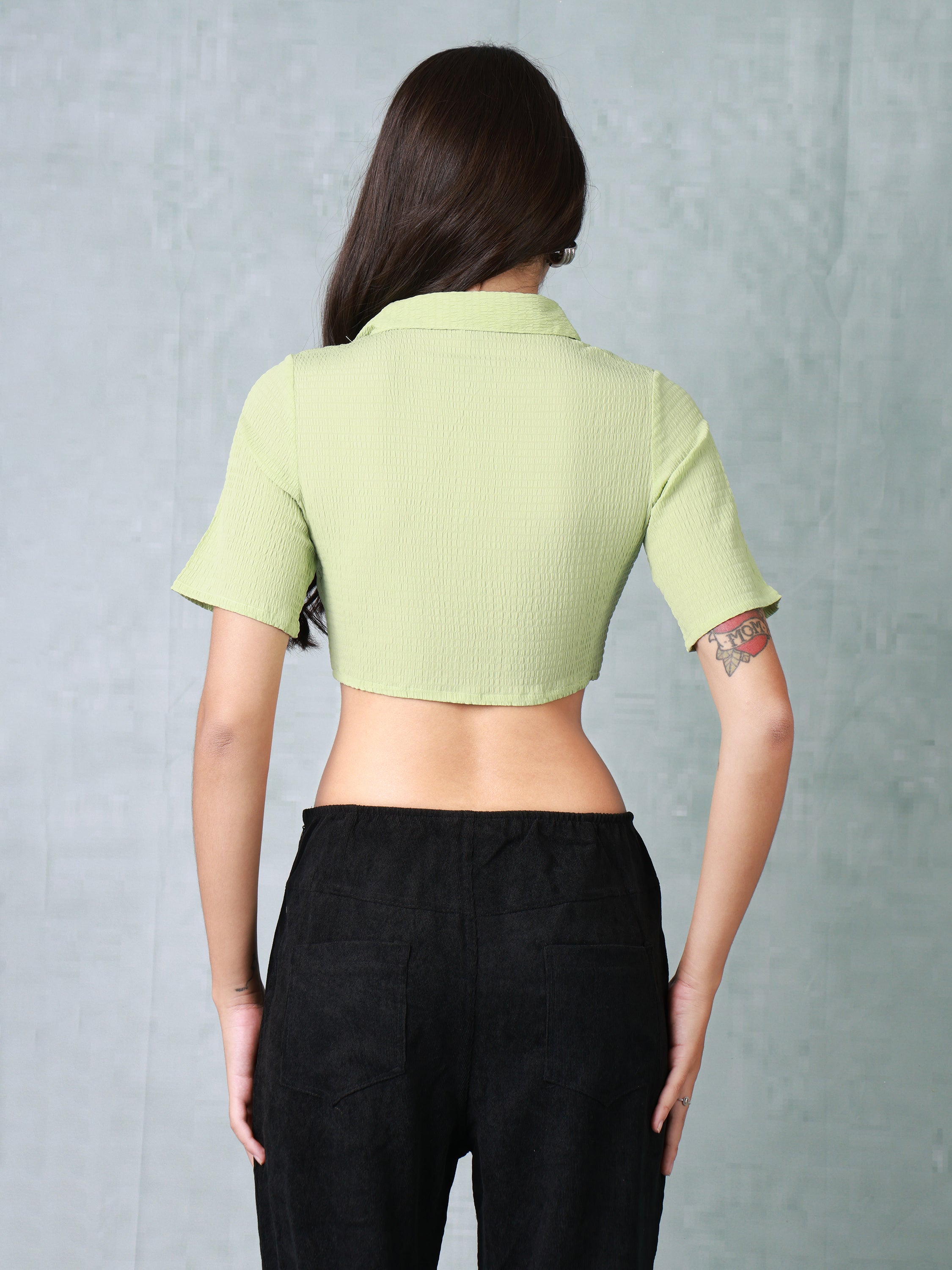 Women Green Textured Crop Shirt