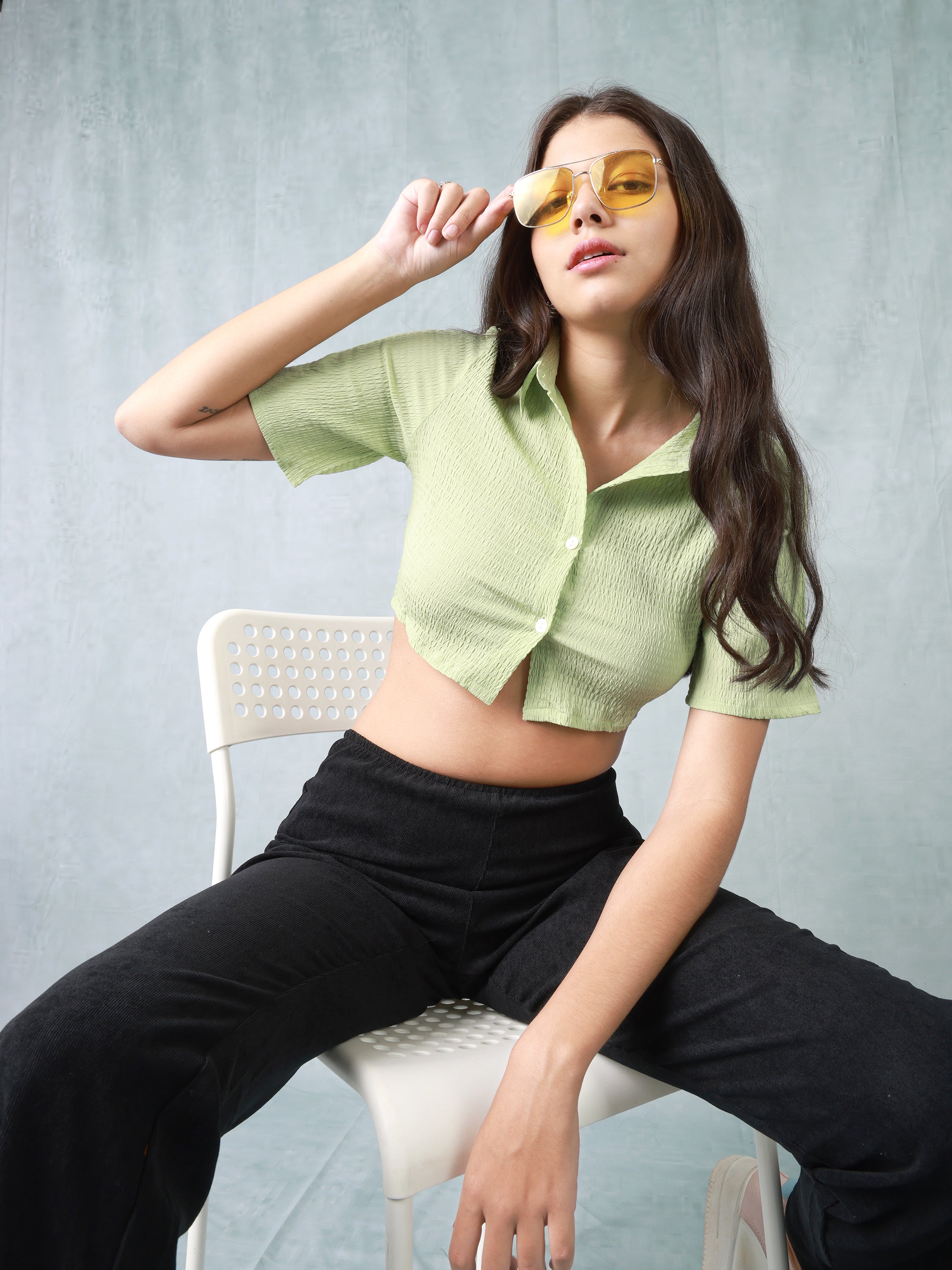 Women Green Textured Crop Shirt
