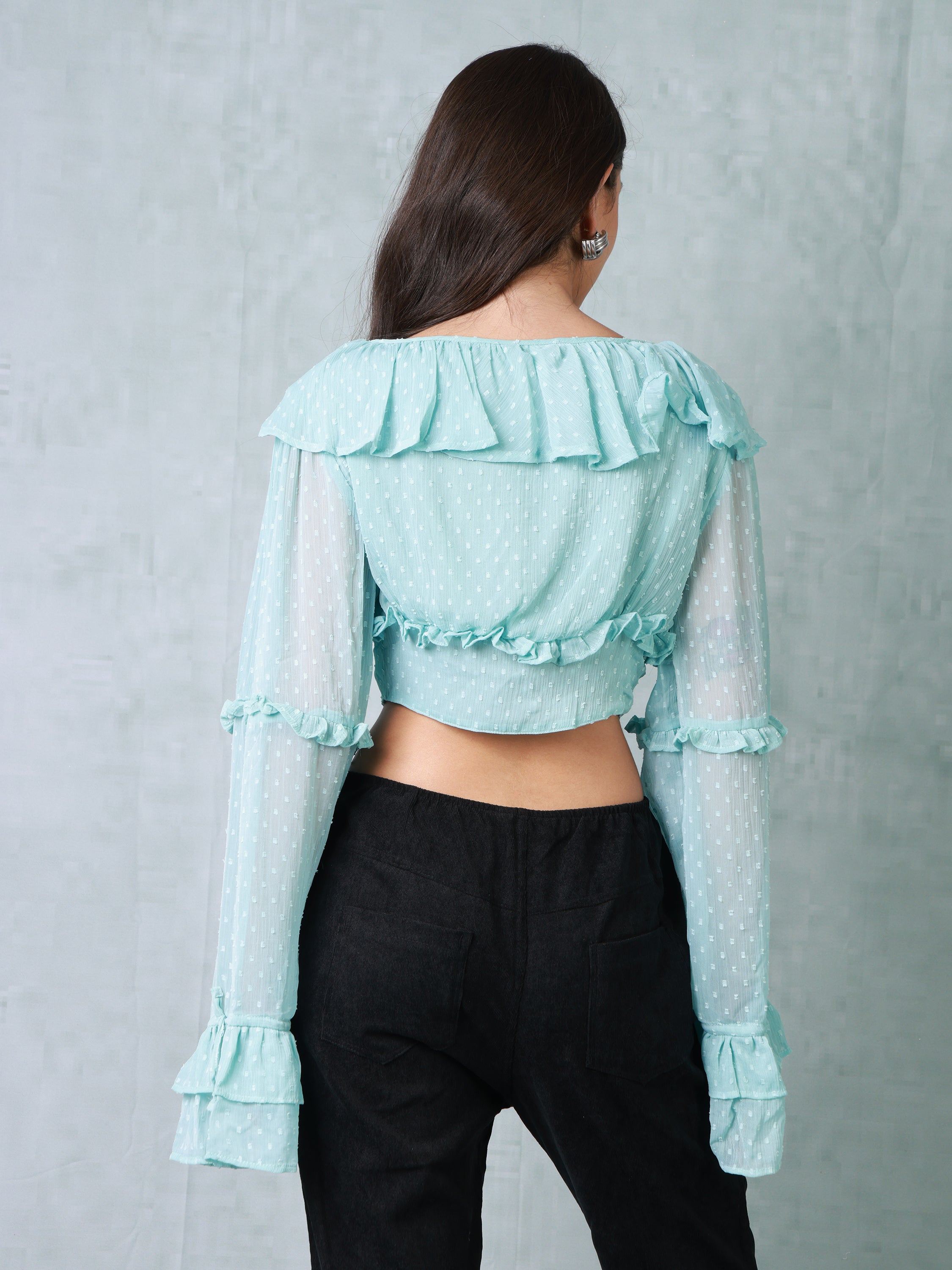 Women Teal Frilled Crop Top