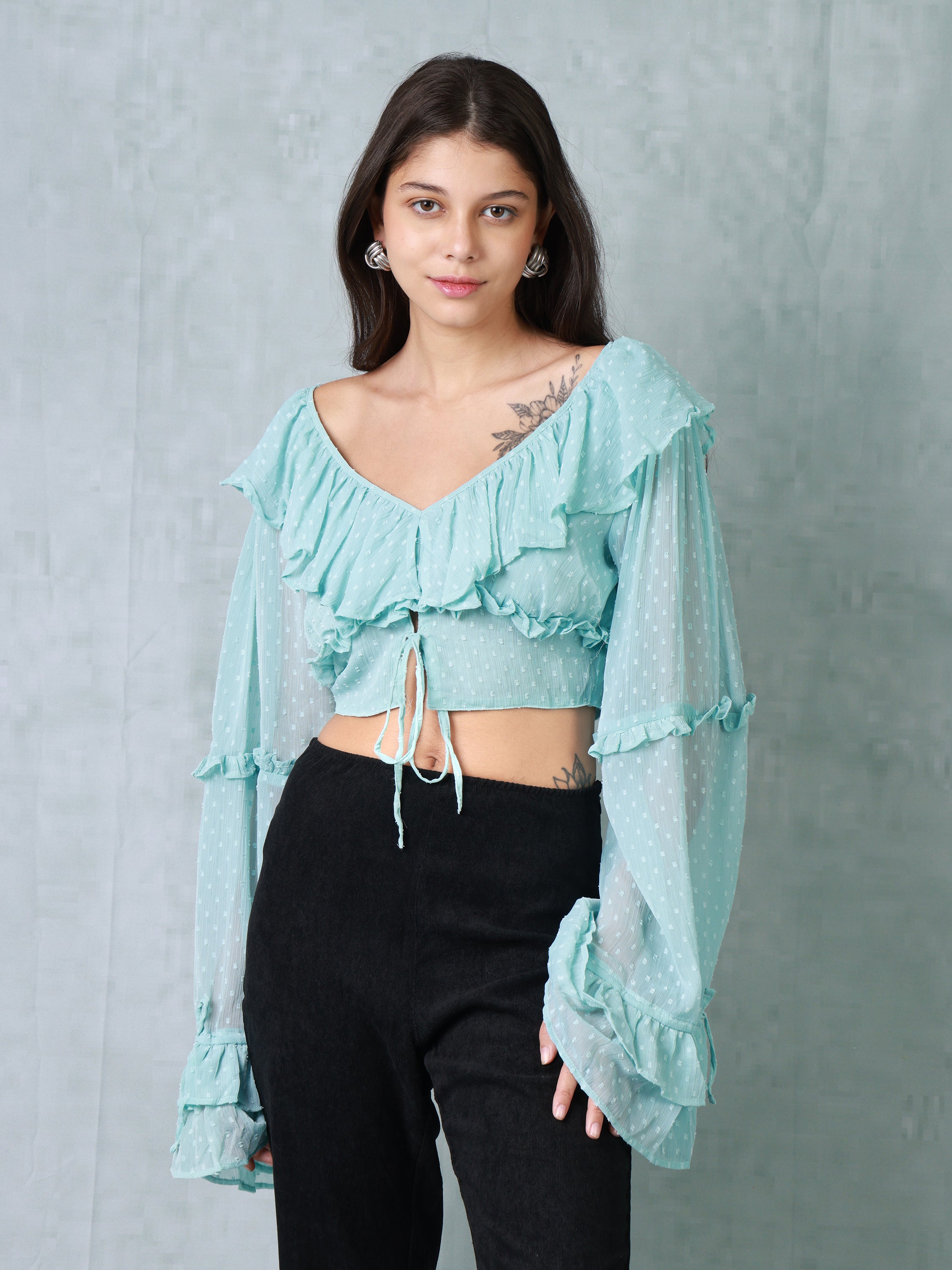 Women Teal Frilled Crop Top