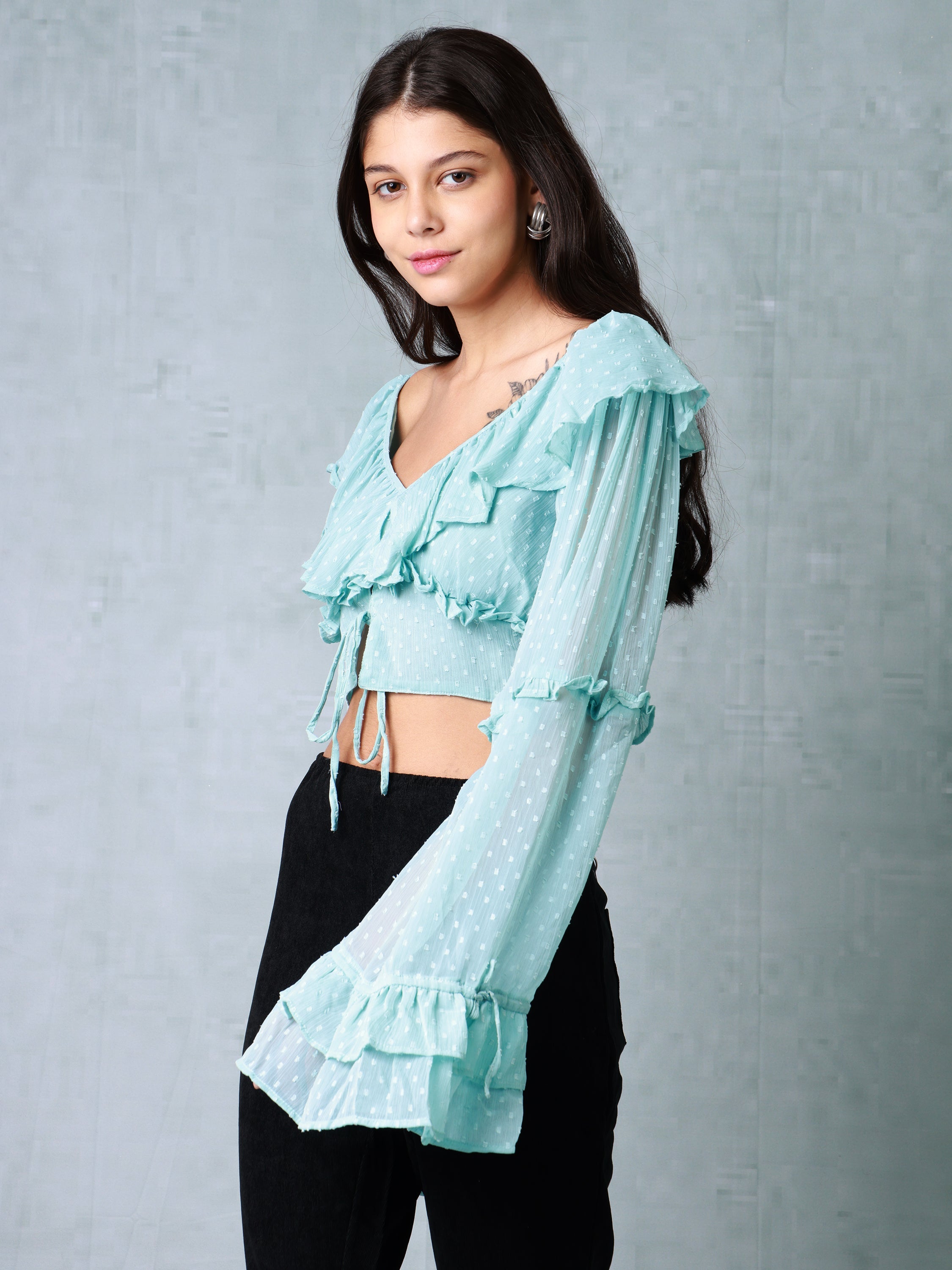 Women Teal Frilled Crop Top