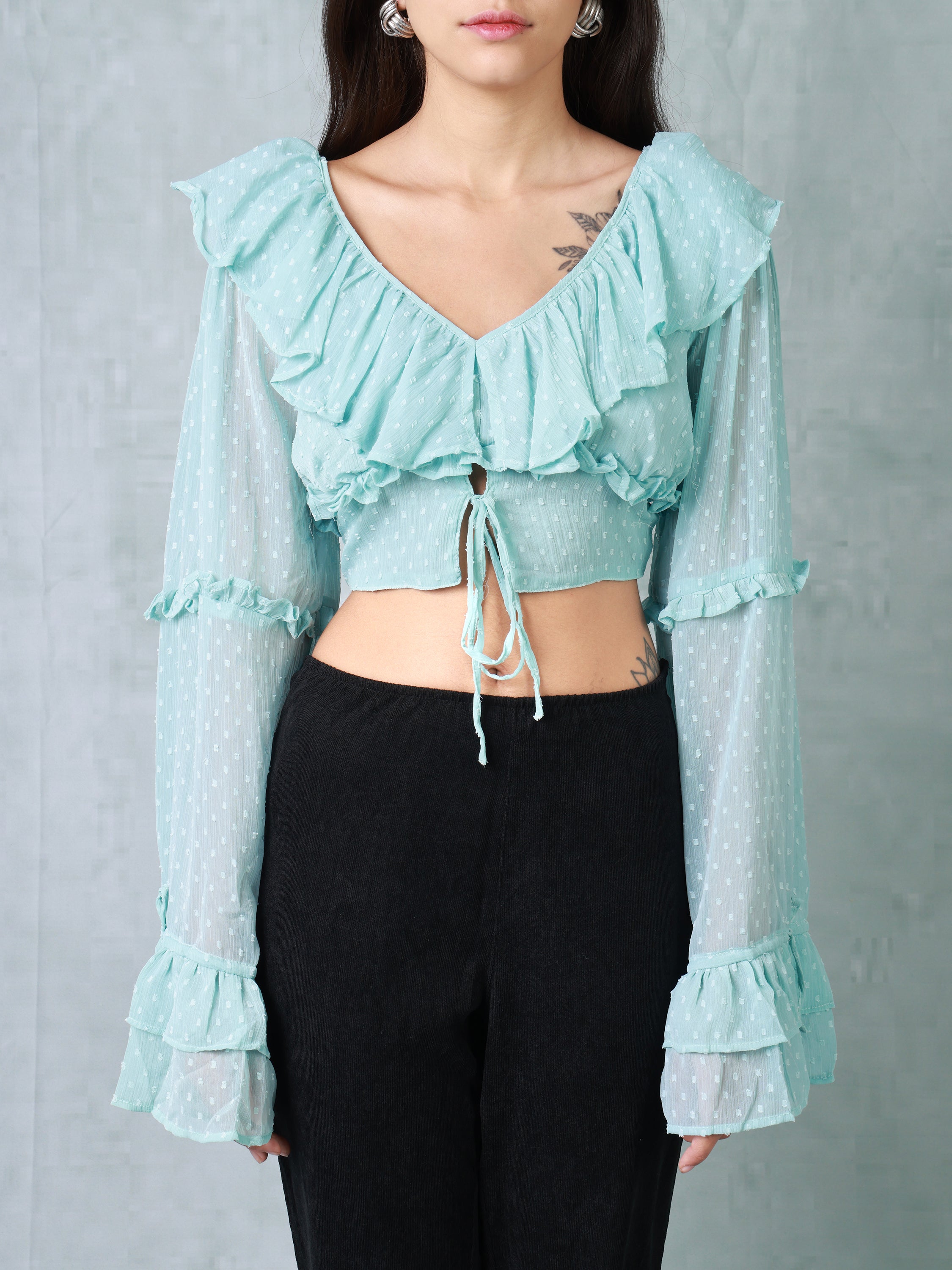 Women Teal Frilled Crop Top