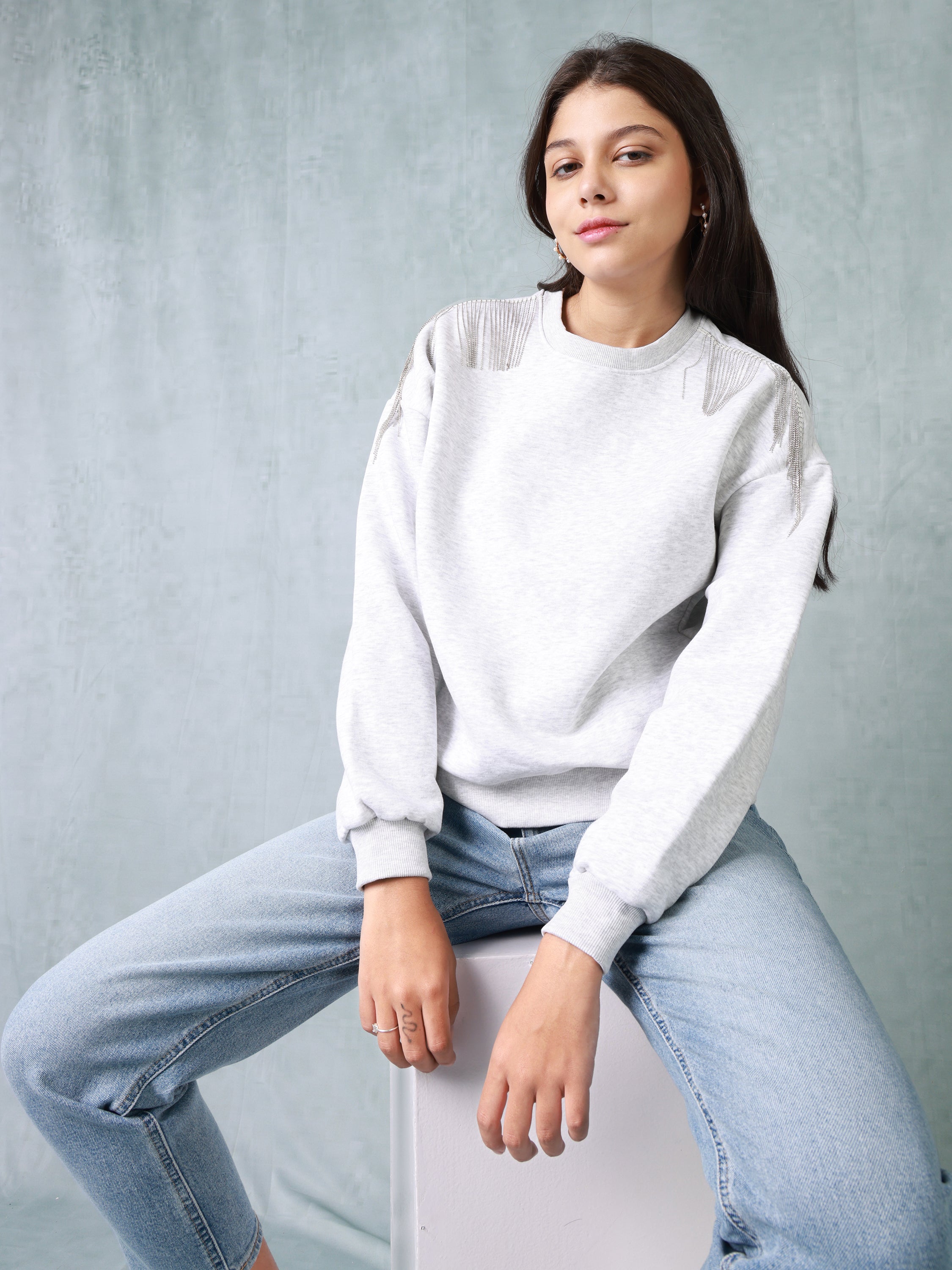 Women Grey Sweatshirt with Embellished Shoulder