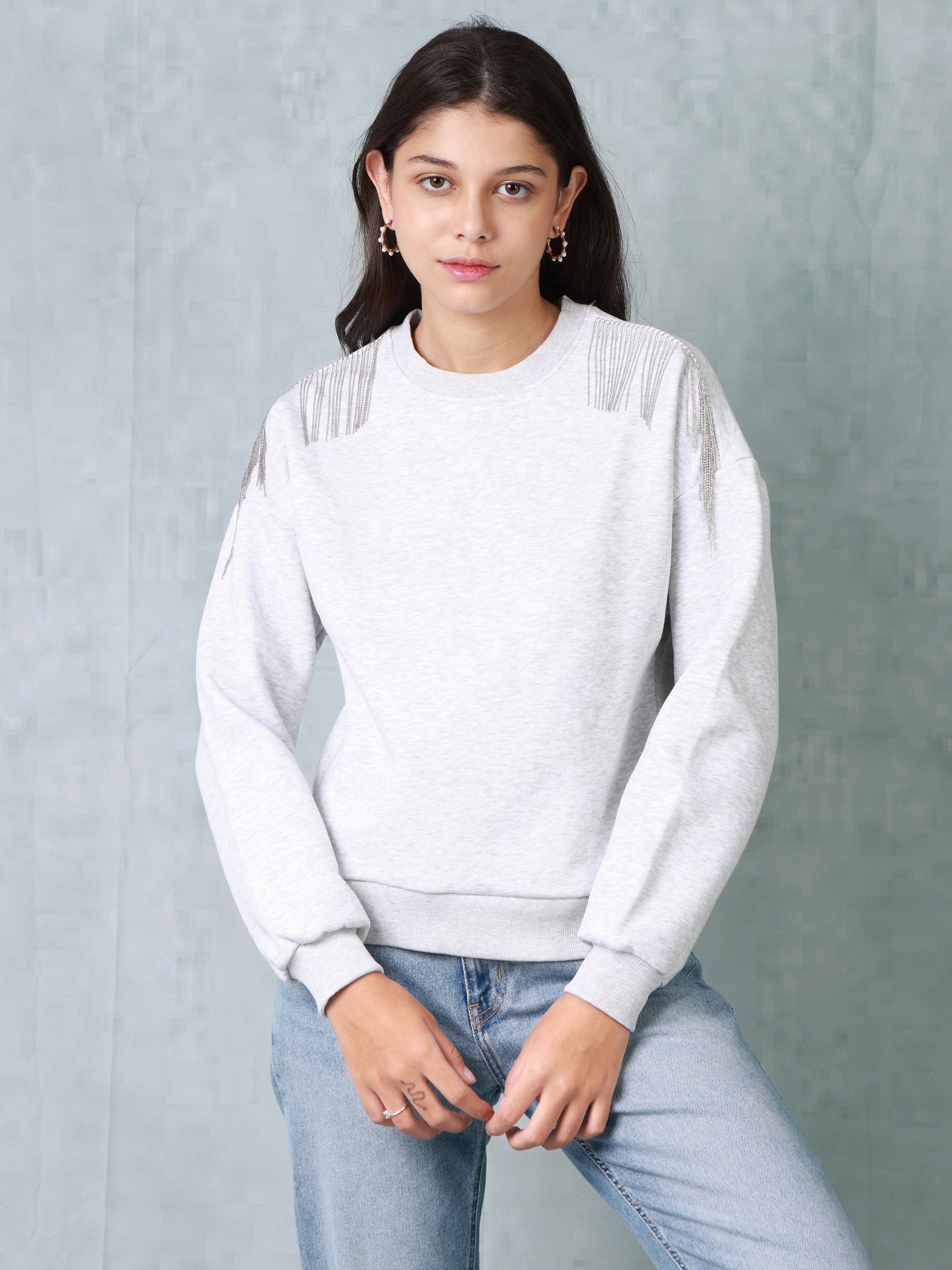 Women Grey Sweatshirt with Embellished Shoulder