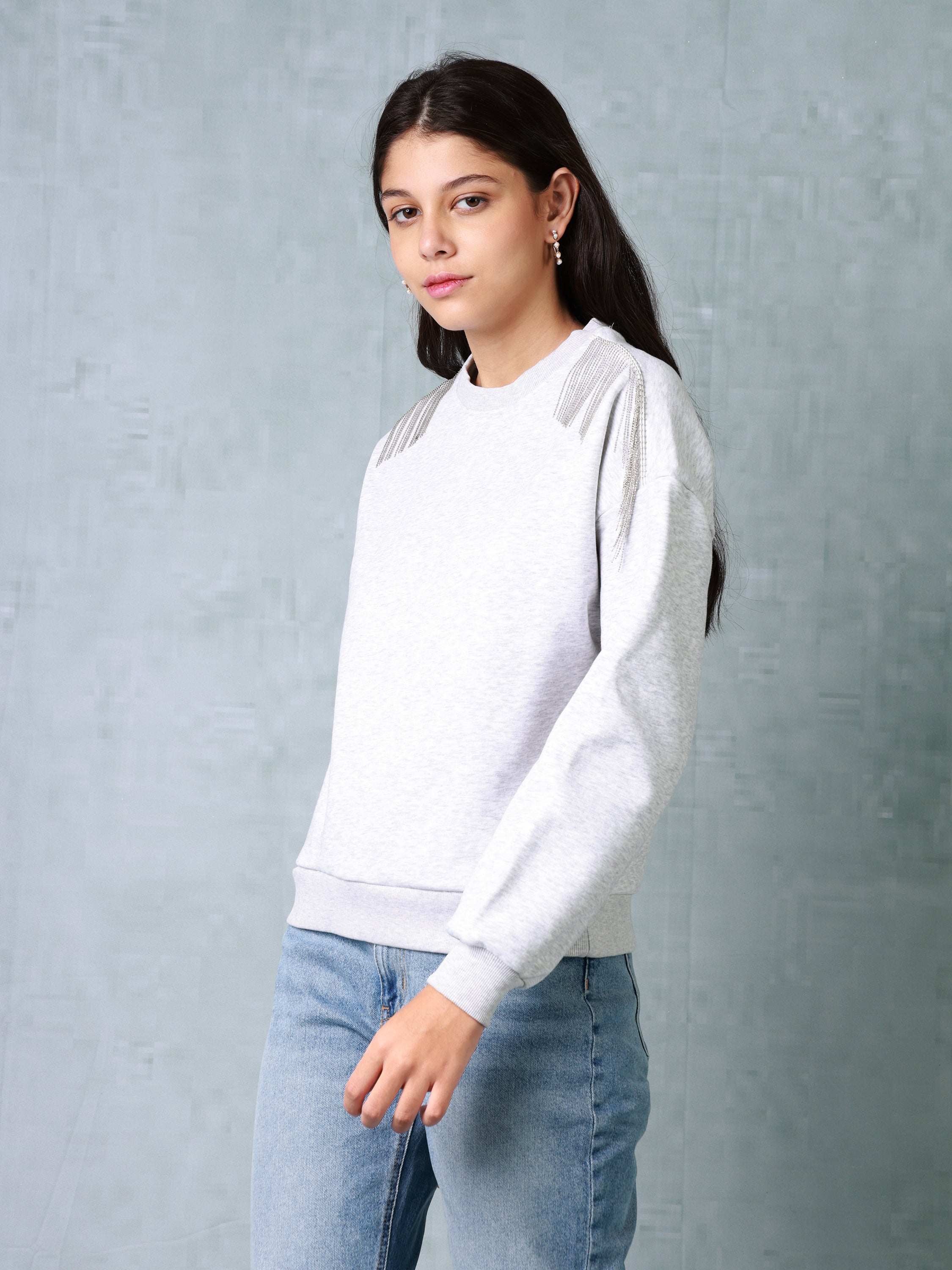 Women Grey Sweatshirt with Embellished Shoulder