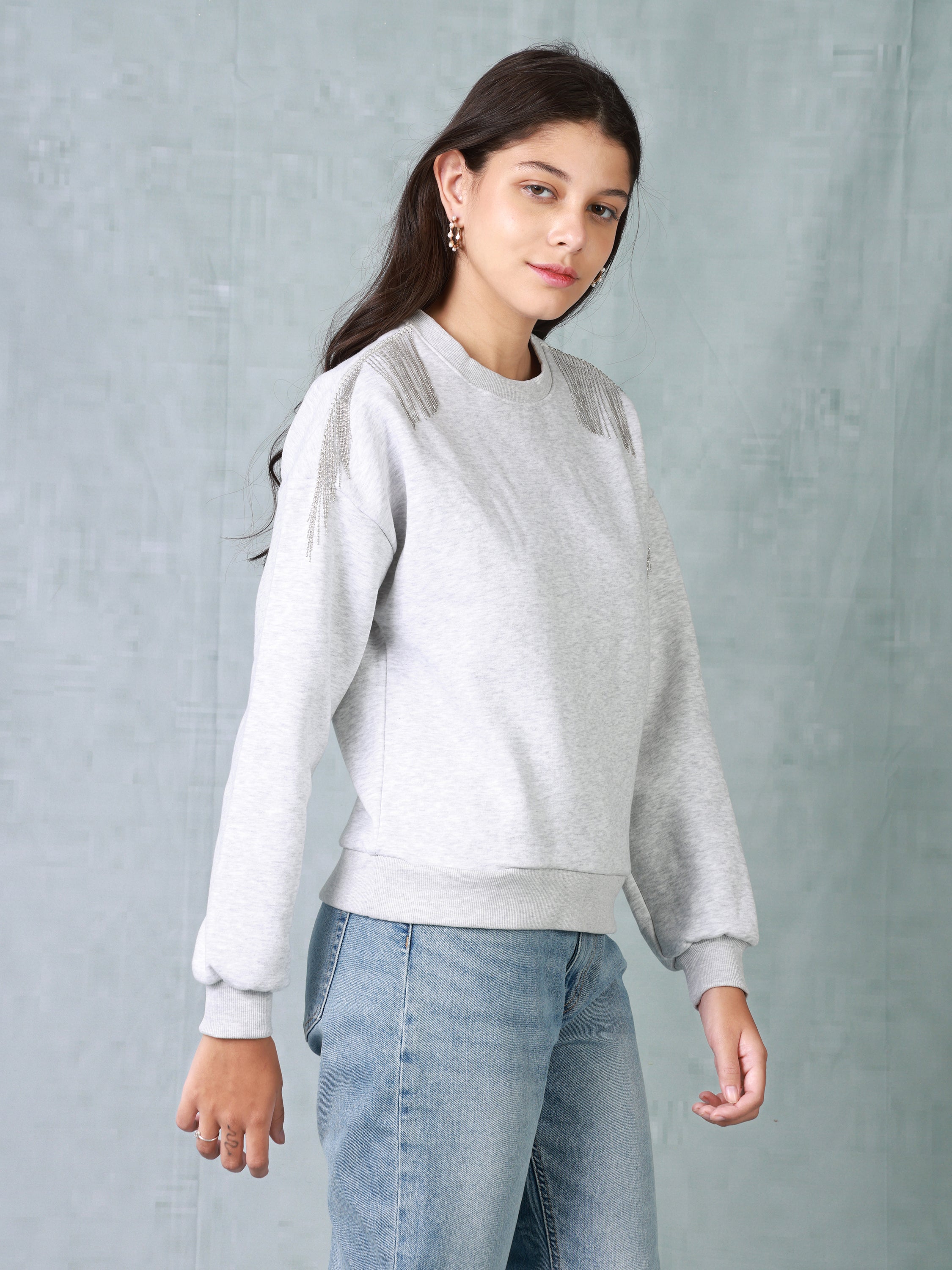 Women Grey Sweatshirt with Embellished Shoulder