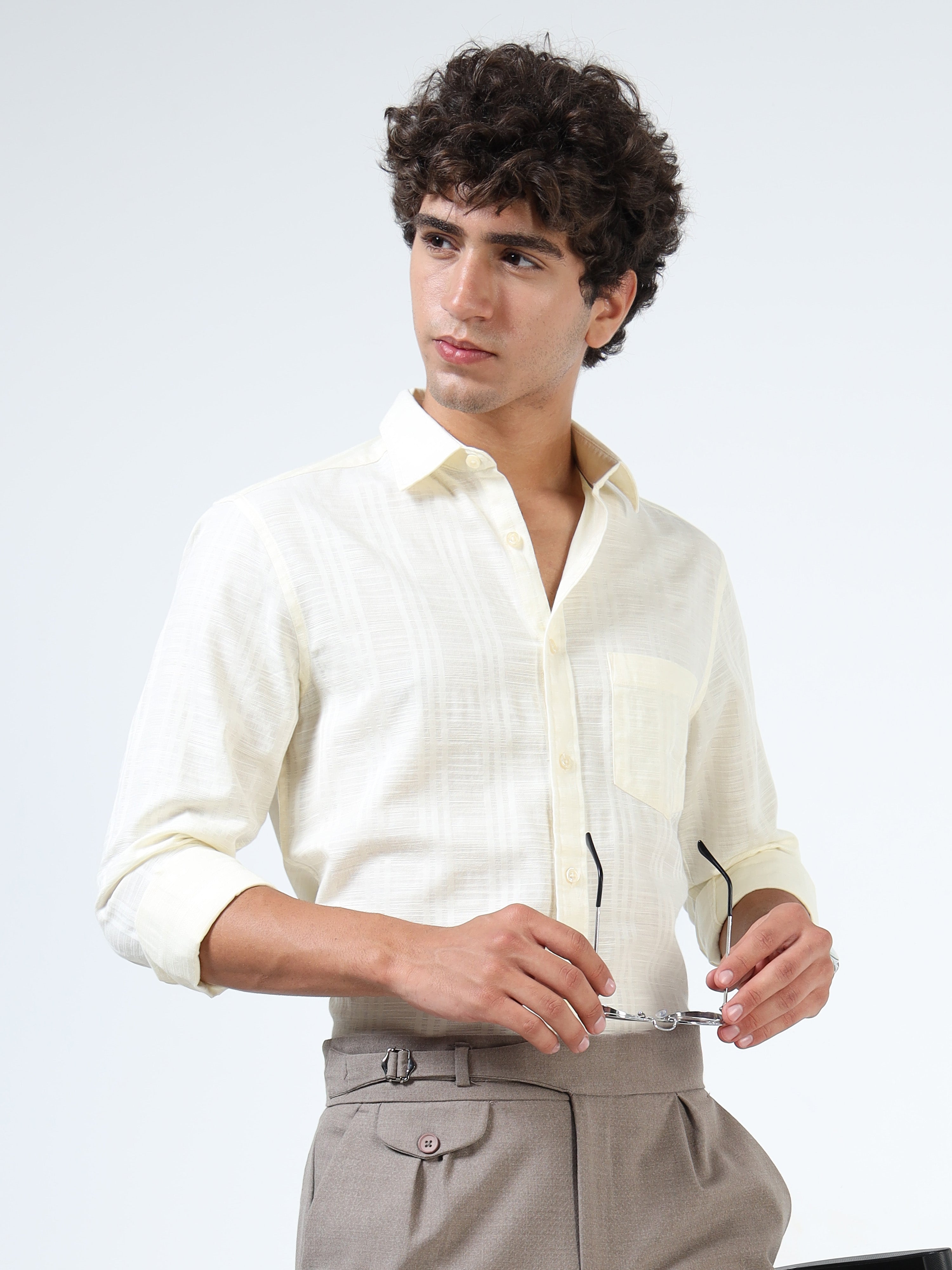 Men Off White Cotton Shirt